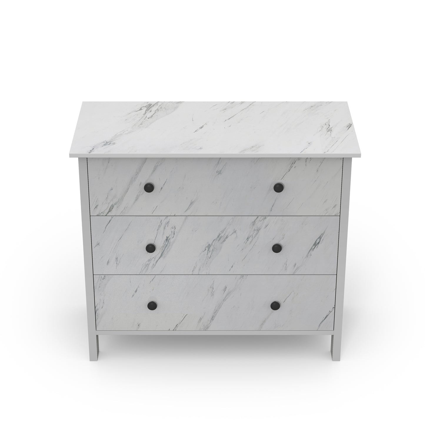 Front-facing upper view of a transitional white faux marble three-drawer youth dresser on a white background