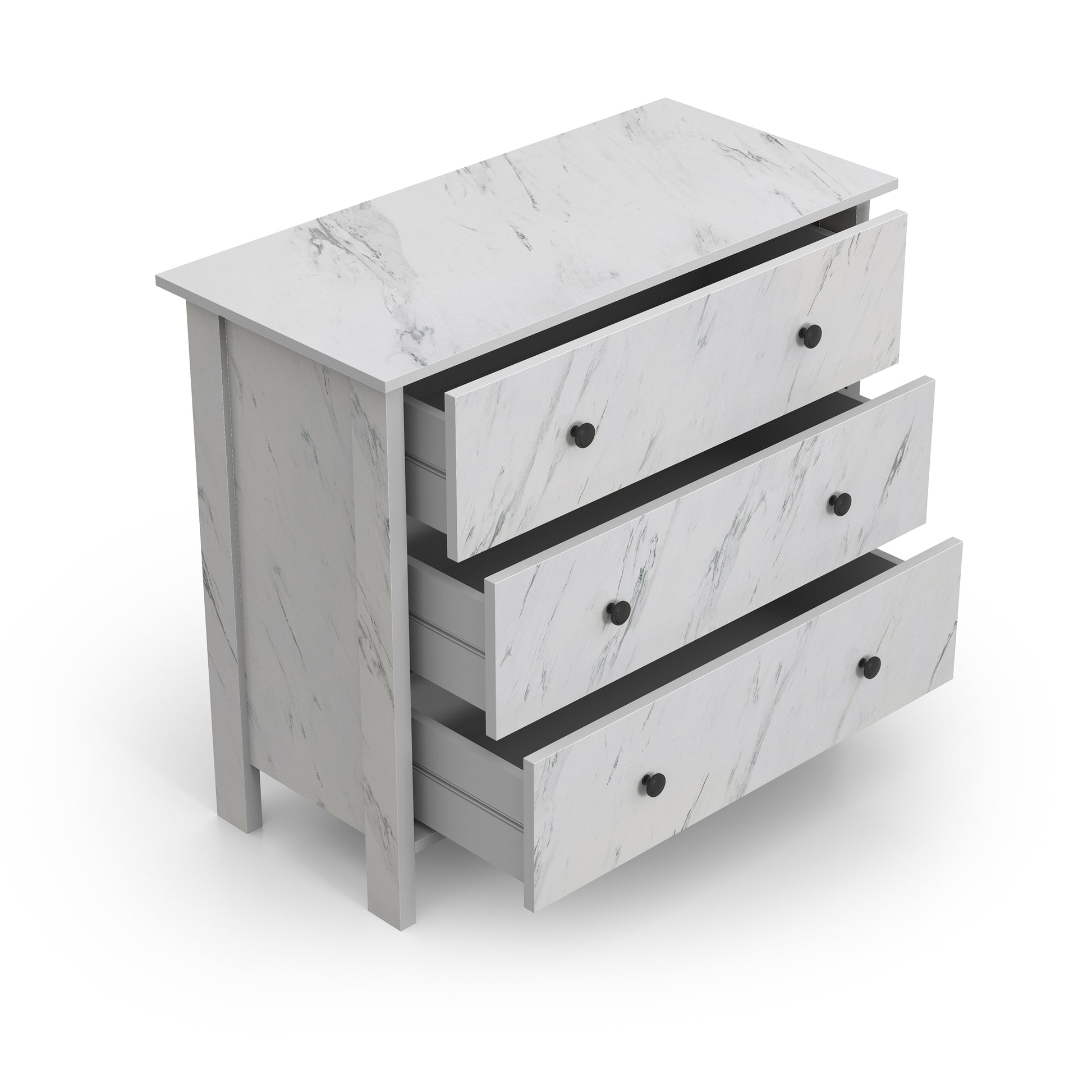 Right angled transitional white faux marble three-drawer youth dresser with drawers open on a white background