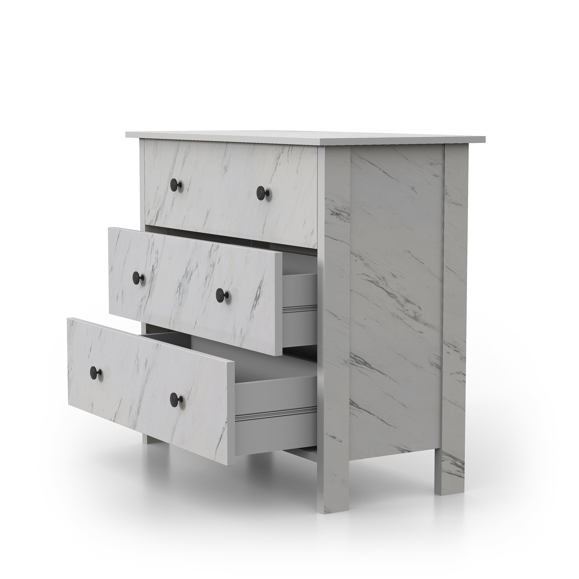 Left angled transitional white faux marble three-drawer youth dresser with two drawers open on a white background