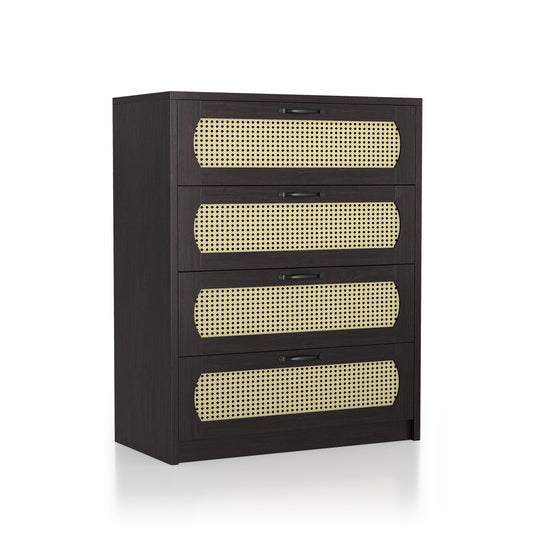 Right angled bohemian espresso and rattan four-drawer mini chest cabinet on a white background