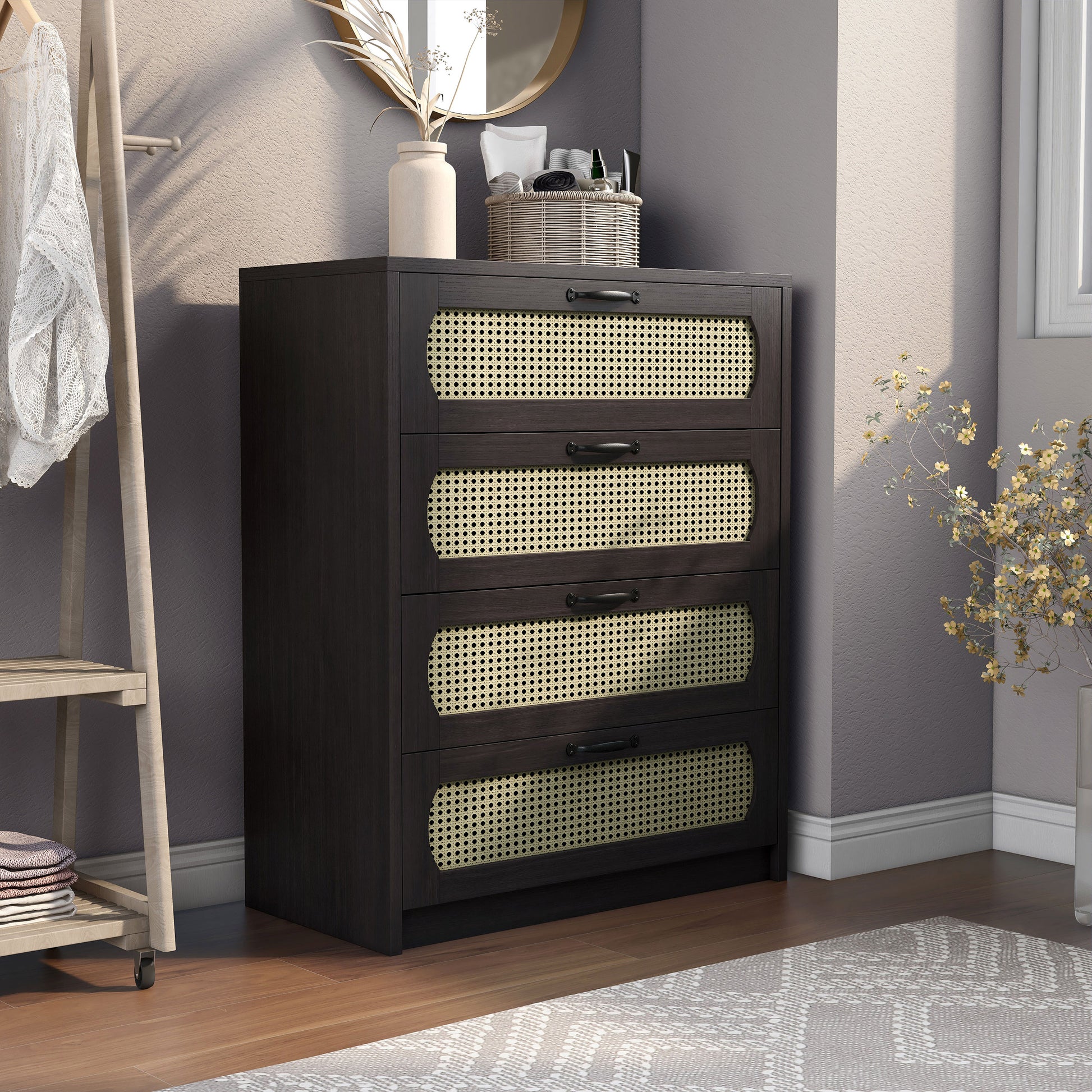 Right angled bohemian espresso and rattan four-drawer mini chest cabinet in a bedroom with accessories