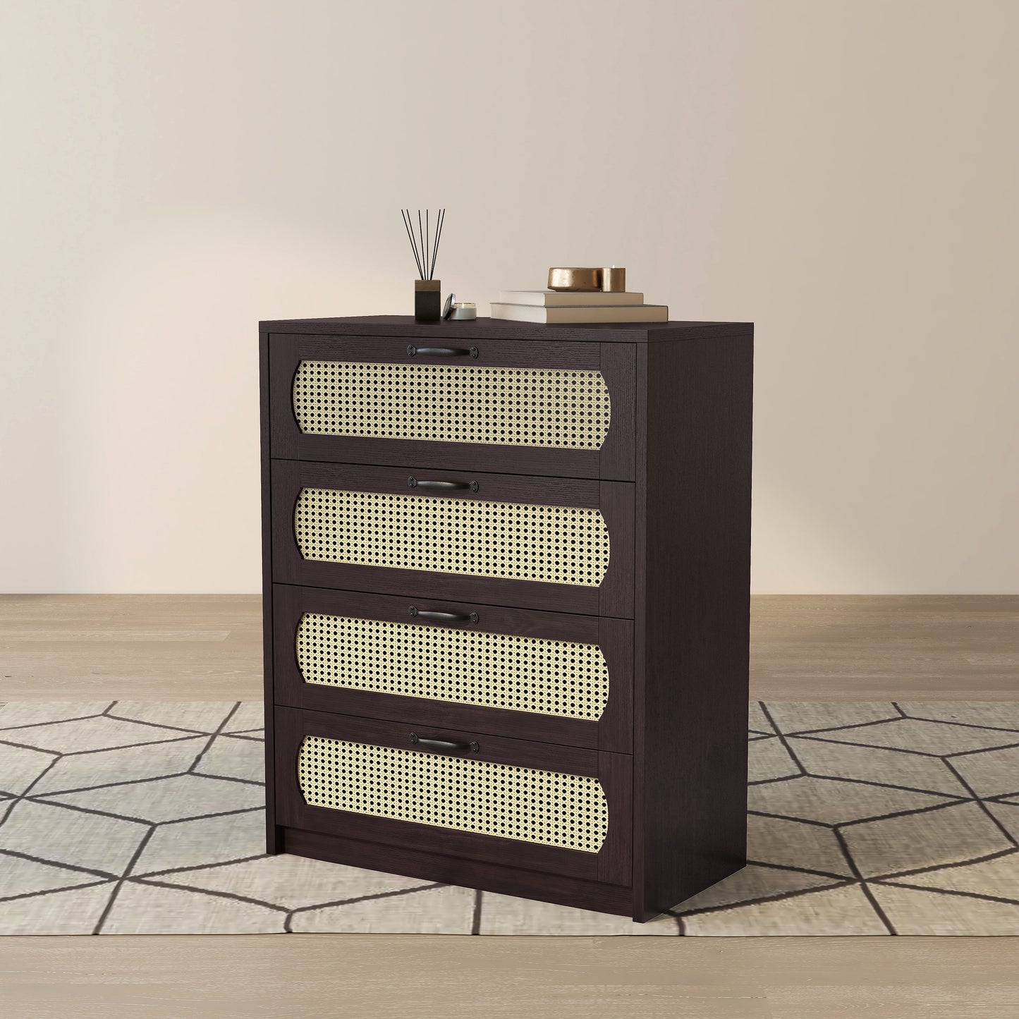 Left angled bohemian espresso and rattan four-drawer mini chest cabinet on an area rug with accessories