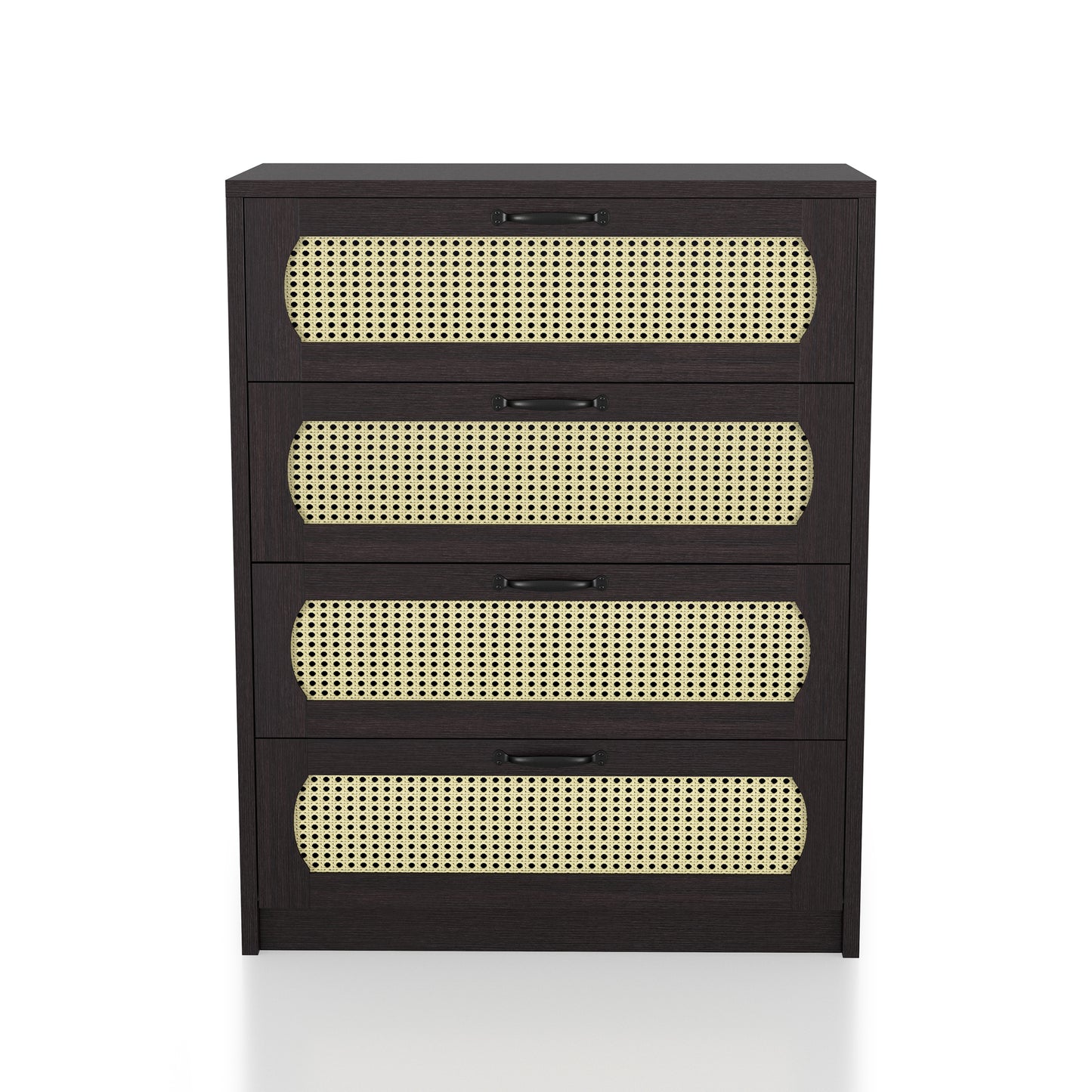 Front-facing bohemian espresso and rattan four-drawer mini chest cabinet on a white background