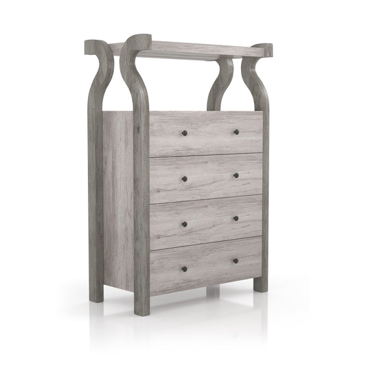 Right angled transitional coastal white four-drawer tall dresser with a shelf on a white background