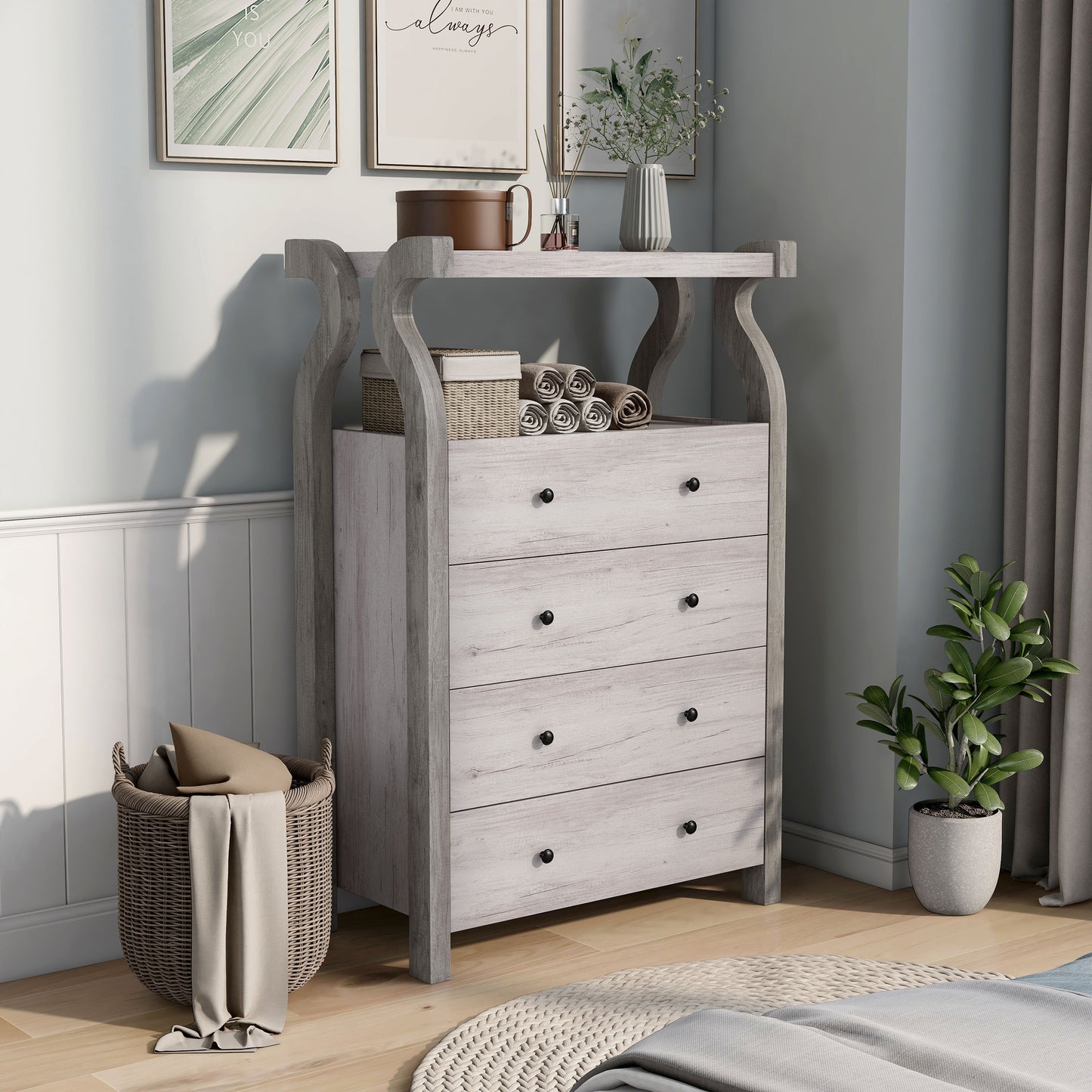 Right angled transitional coastal white four-drawer tall dresser with a shelf in a bedroom with accessories