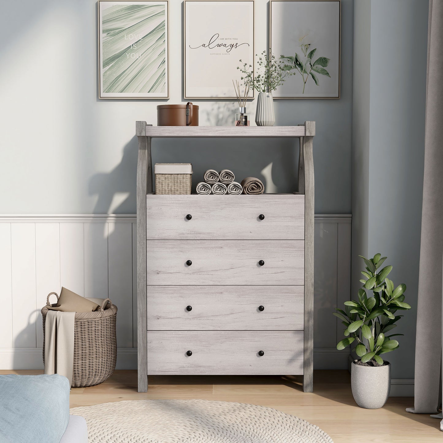 Front-facing transitional coastal white four-drawer tall dresser with a shelf in a bedroom with accessories