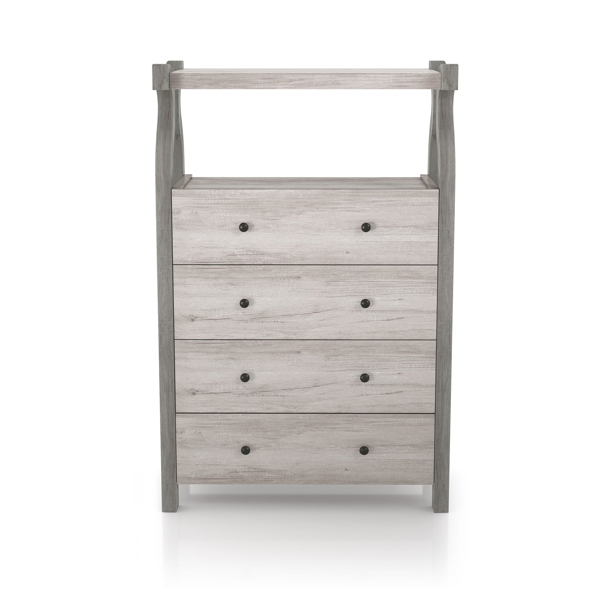 Front-facing transitional coastal white four-drawer tall dresser with a shelf on a white background