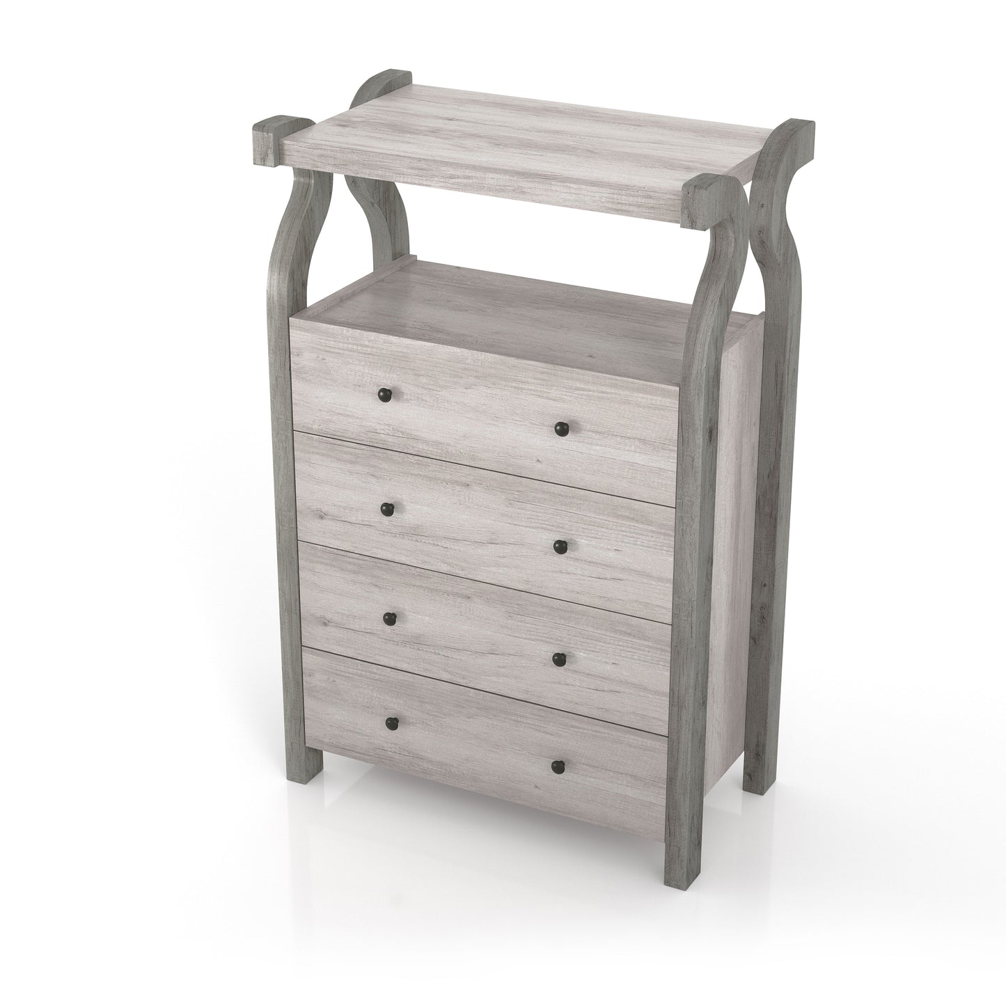 Left angled transitional coastal white four-drawer tall dresser with a shelf on a white background