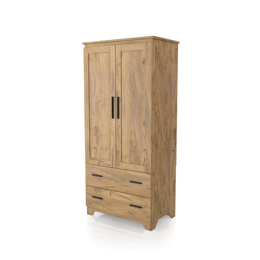 Left angled transitional light oak two-drawer armoire with hanging bar on a white background