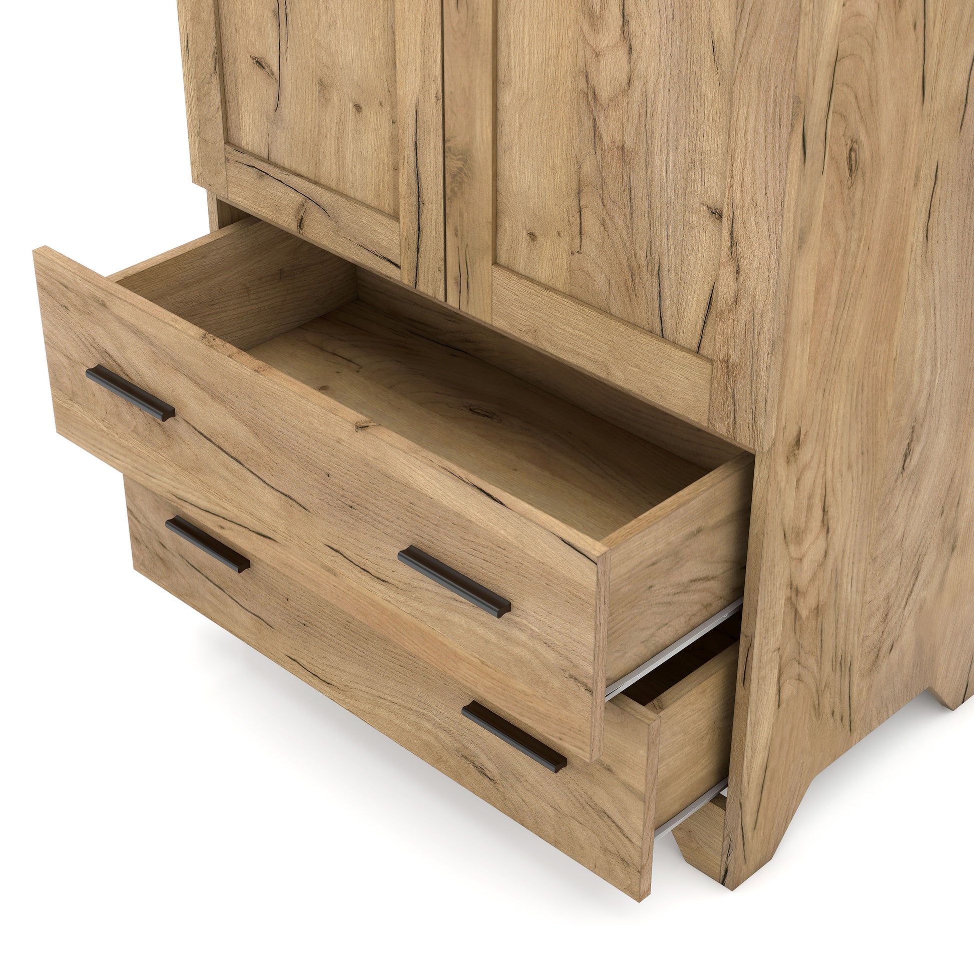 Right angled lower close-up view of a transitional light oak two-drawer armoire with hanging bar and drawers open on a white background