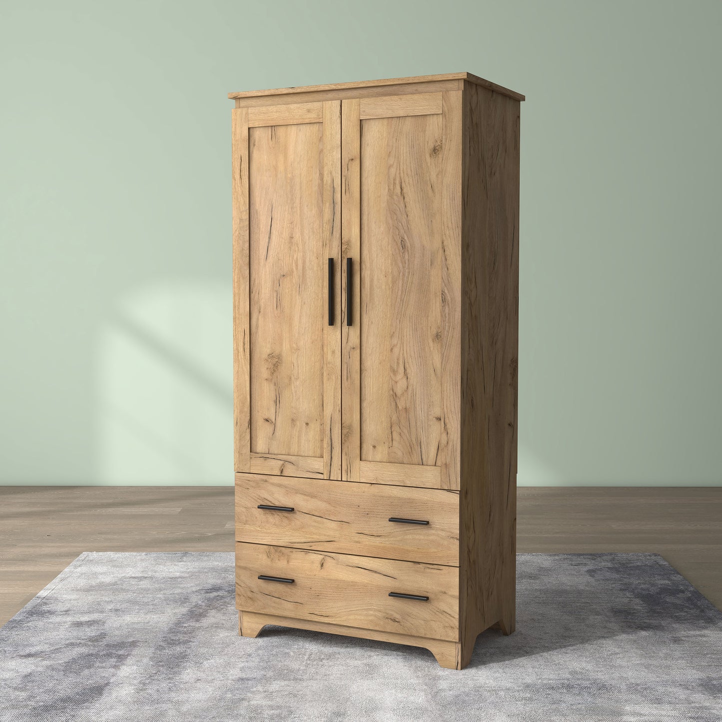 Left angled transitional light oak two-drawer armoire with hanging bar on an area rug