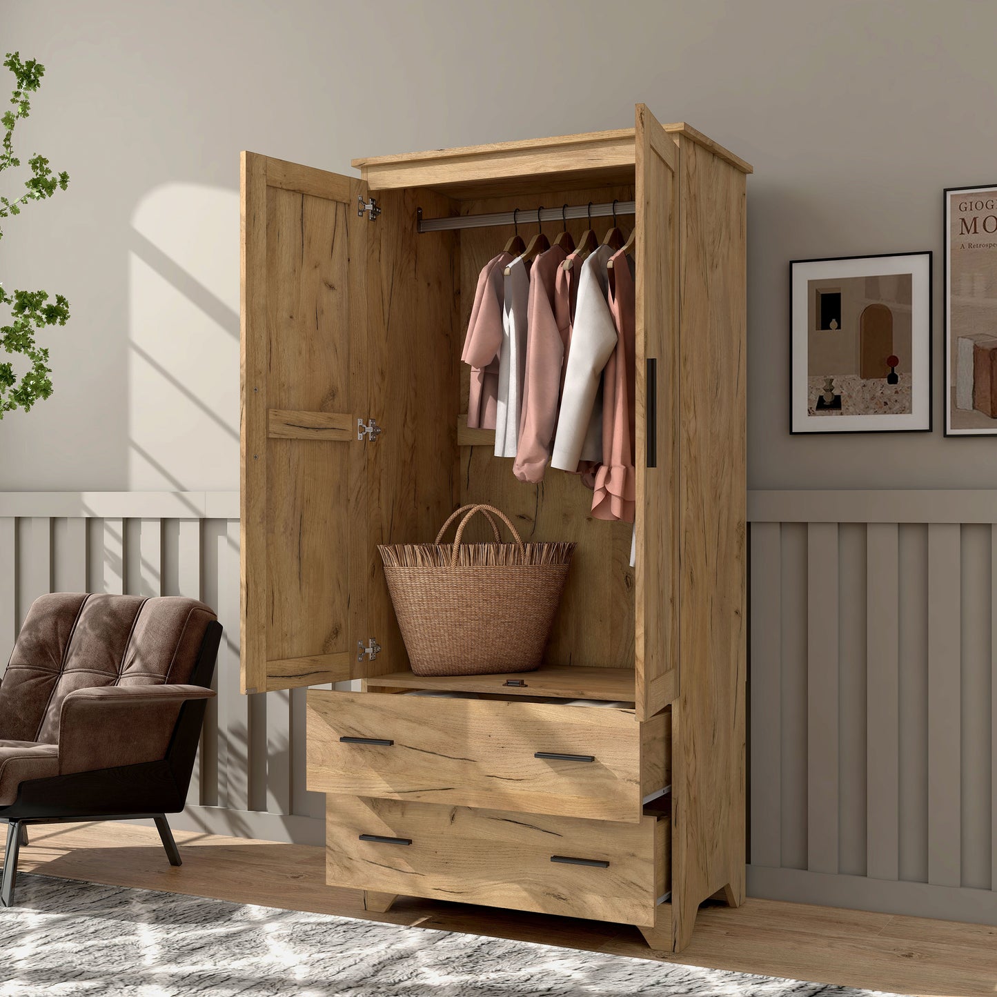 Left angled transitional light oak two-drawer armoire with hanging bar and doors and drawers open in a bedroom with accessories