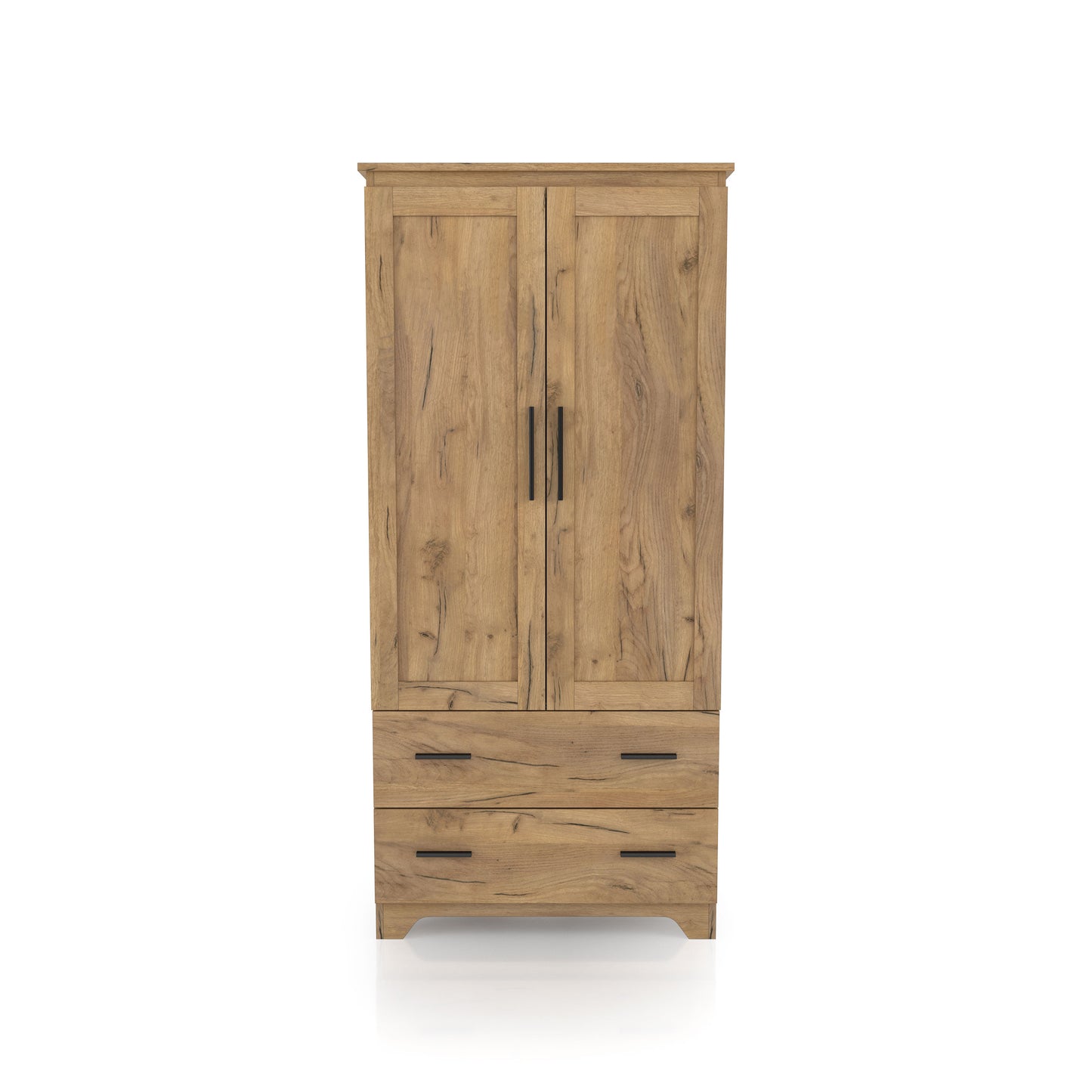 Front-facing transitional light oak two-drawer armoire with hanging bar on a white background