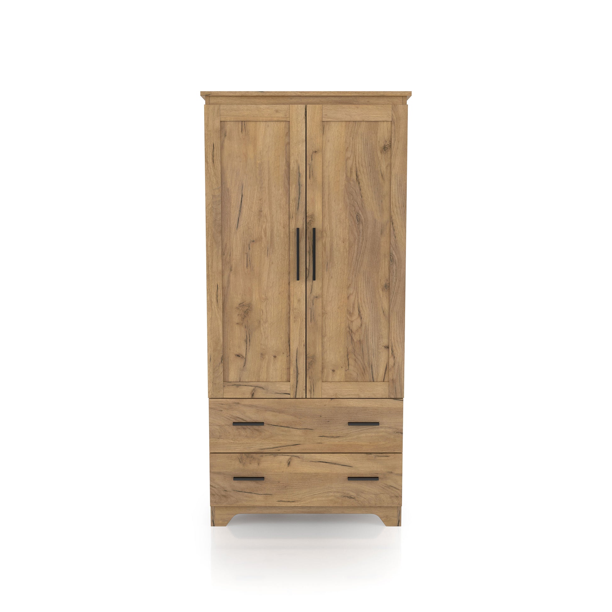 Front-facing transitional light oak two-drawer armoire with hanging bar on a white background