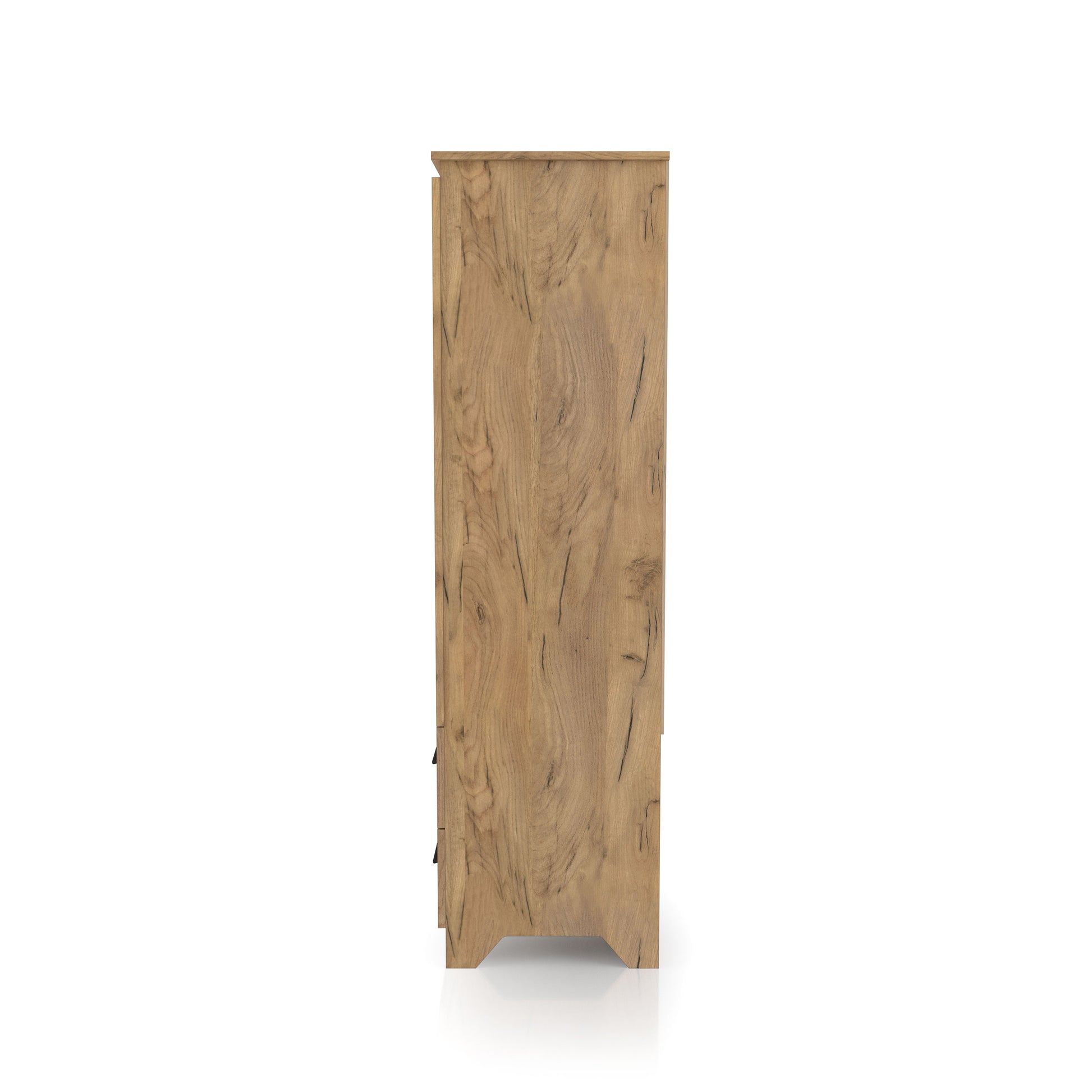 Front-facing side view of a transitional light oak two-drawer armoire with hanging bar on a white background