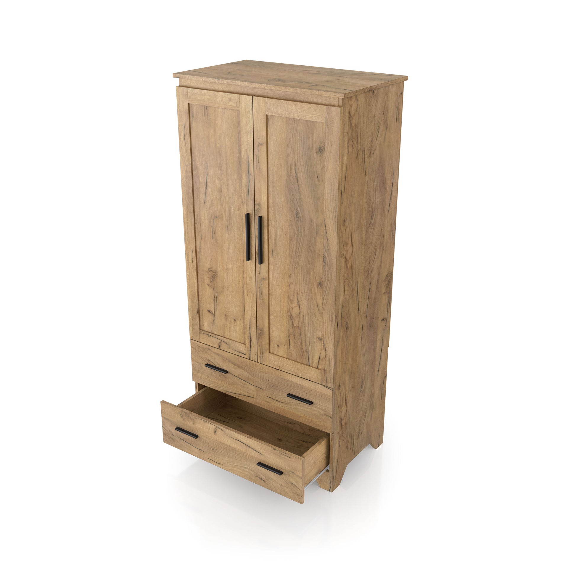 Left angled transitional light oak two-drawer armoire with hanging bar and one drawer open on a white background