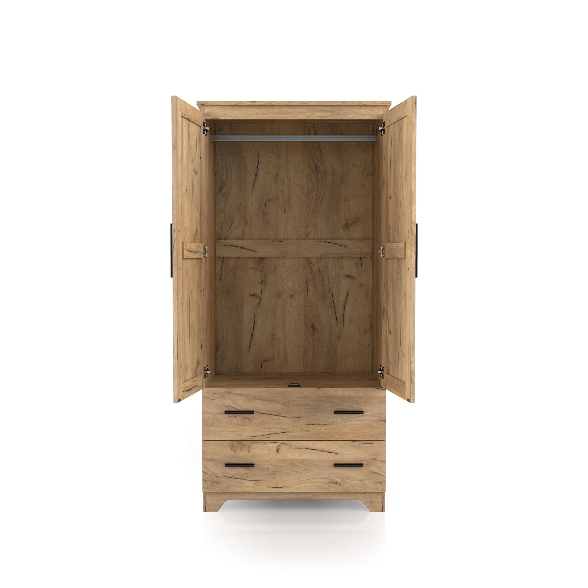 Front-facing transitional light oak two-drawer armoire with hanging bar and doors open on a white background