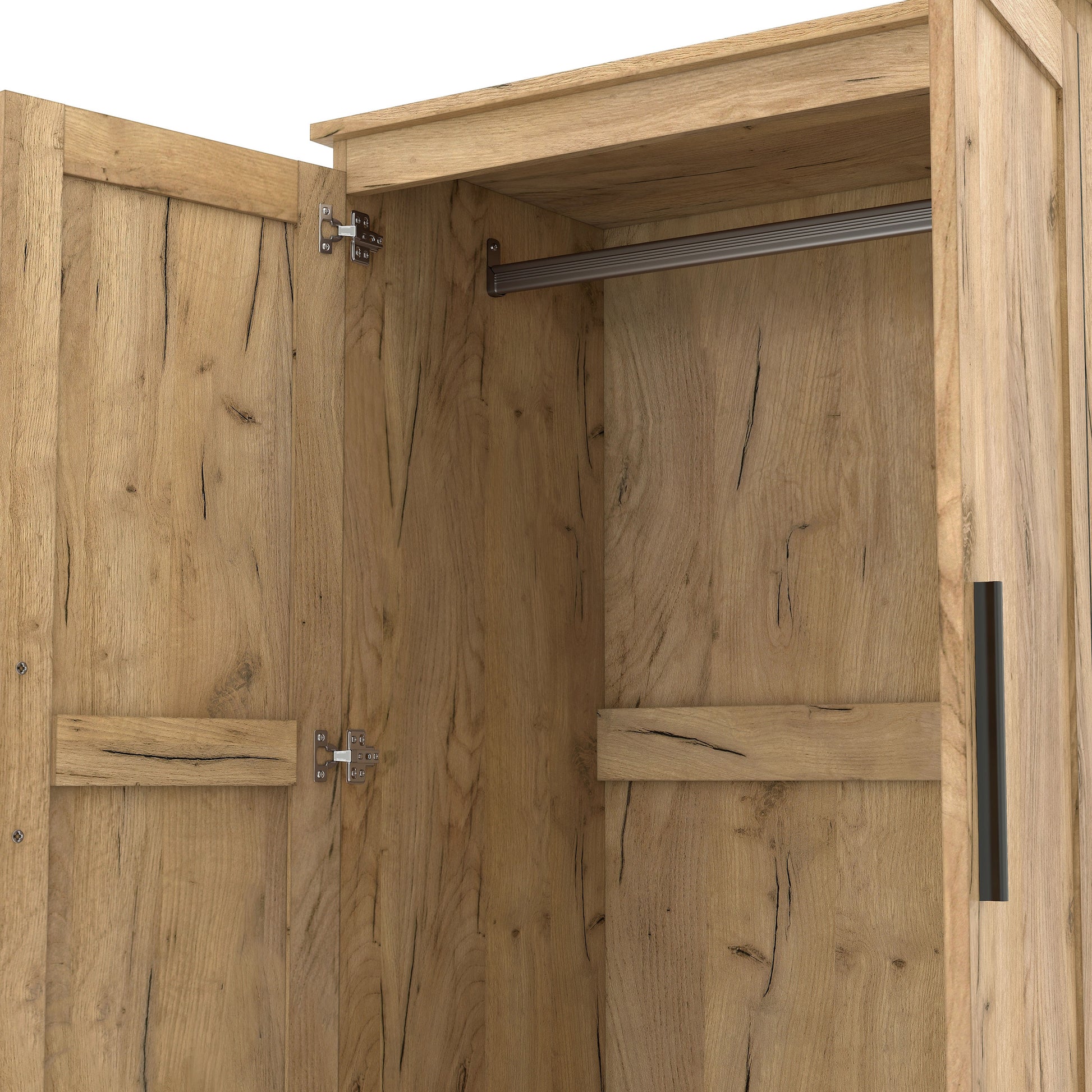 Left angled upper close-up view of a transitional light oak two-drawer armoire with hanging bar on a white background