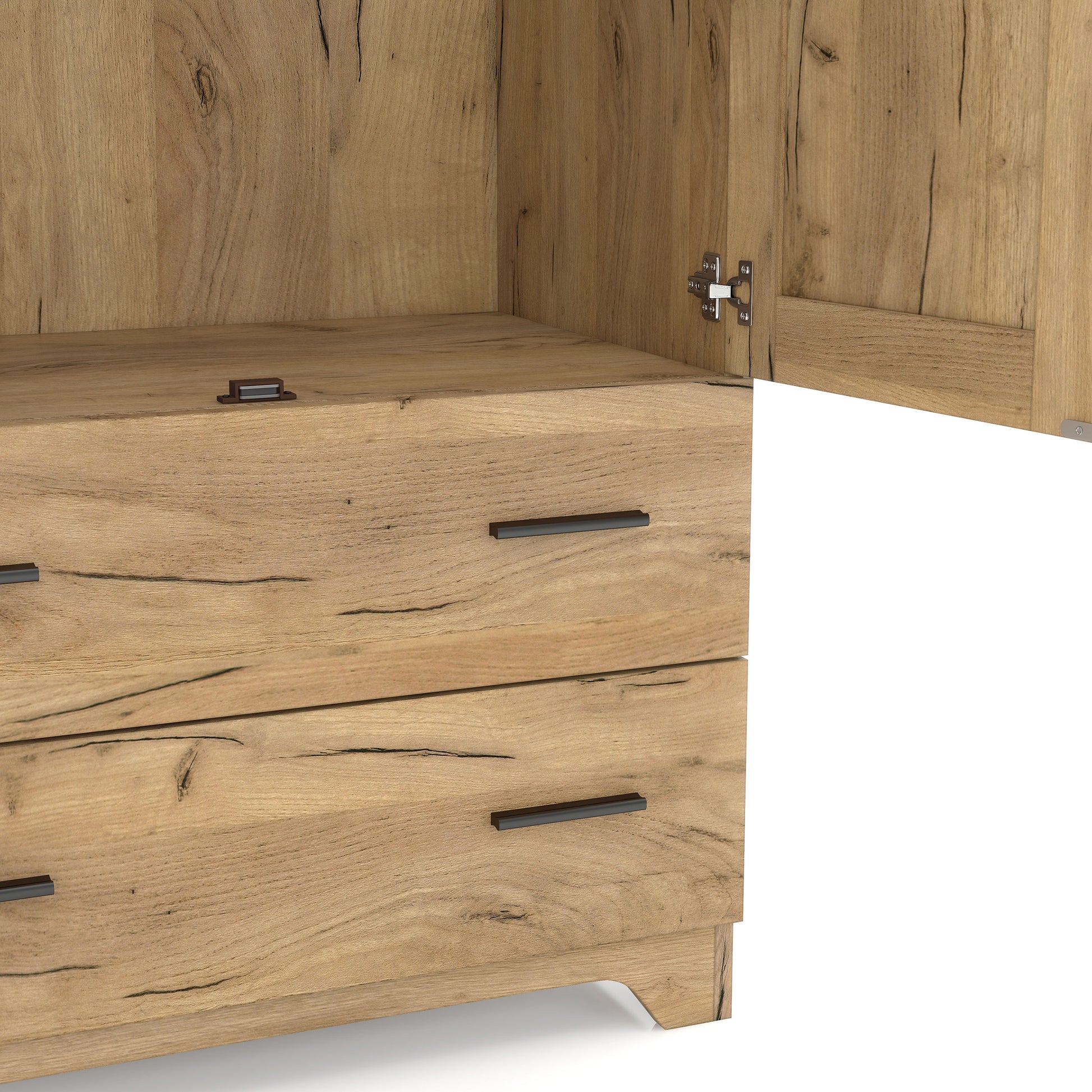 Right angled lower close-up view of a transitional light oak two-drawer armoire with hanging bar on a white background