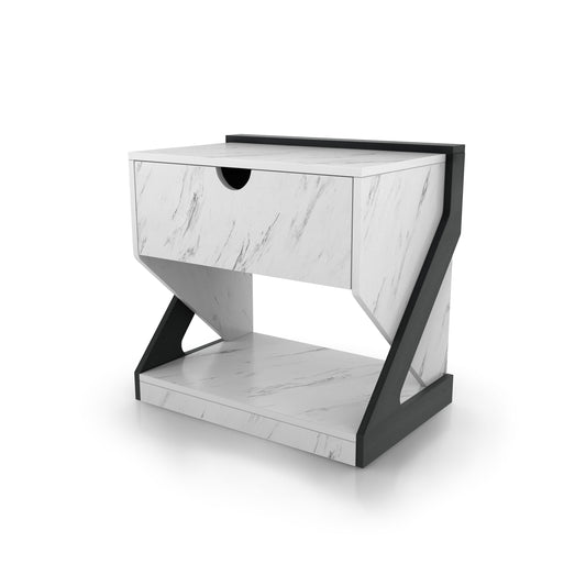 Left angled contemporary white faux marble one-drawer nightstand side table on a white background