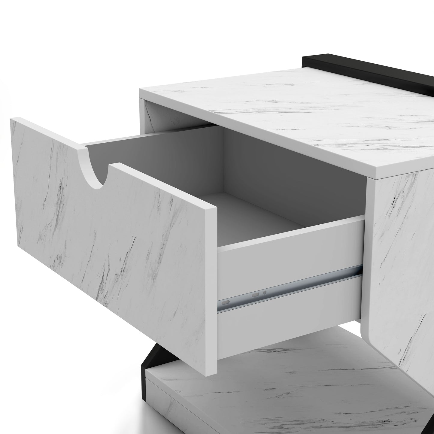Left angled close-up view of a contemporary white faux marble one-drawer nightstand side table with drawer open on a white background