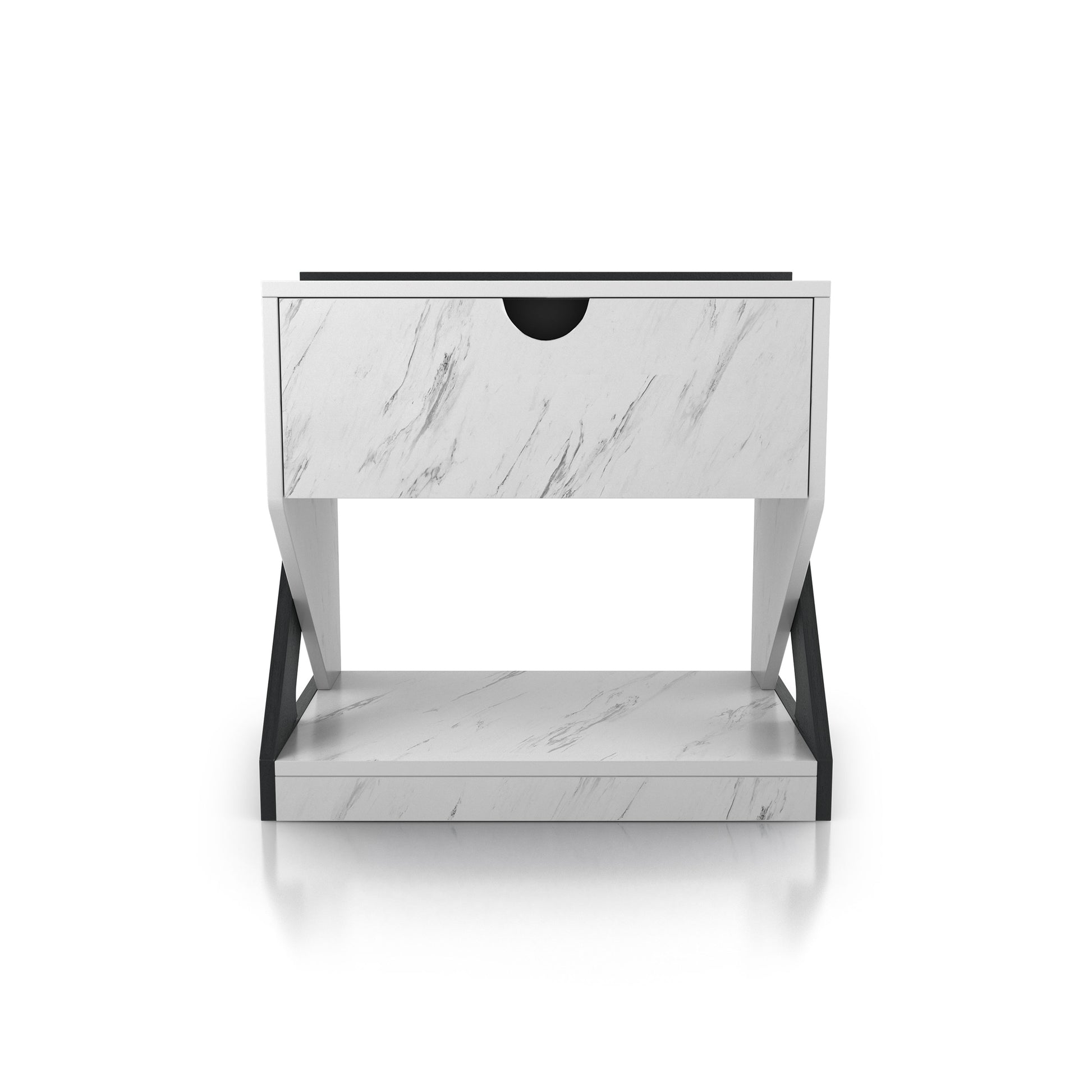 Front-facing contemporary white faux marble one-drawer nightstand side table on a white background