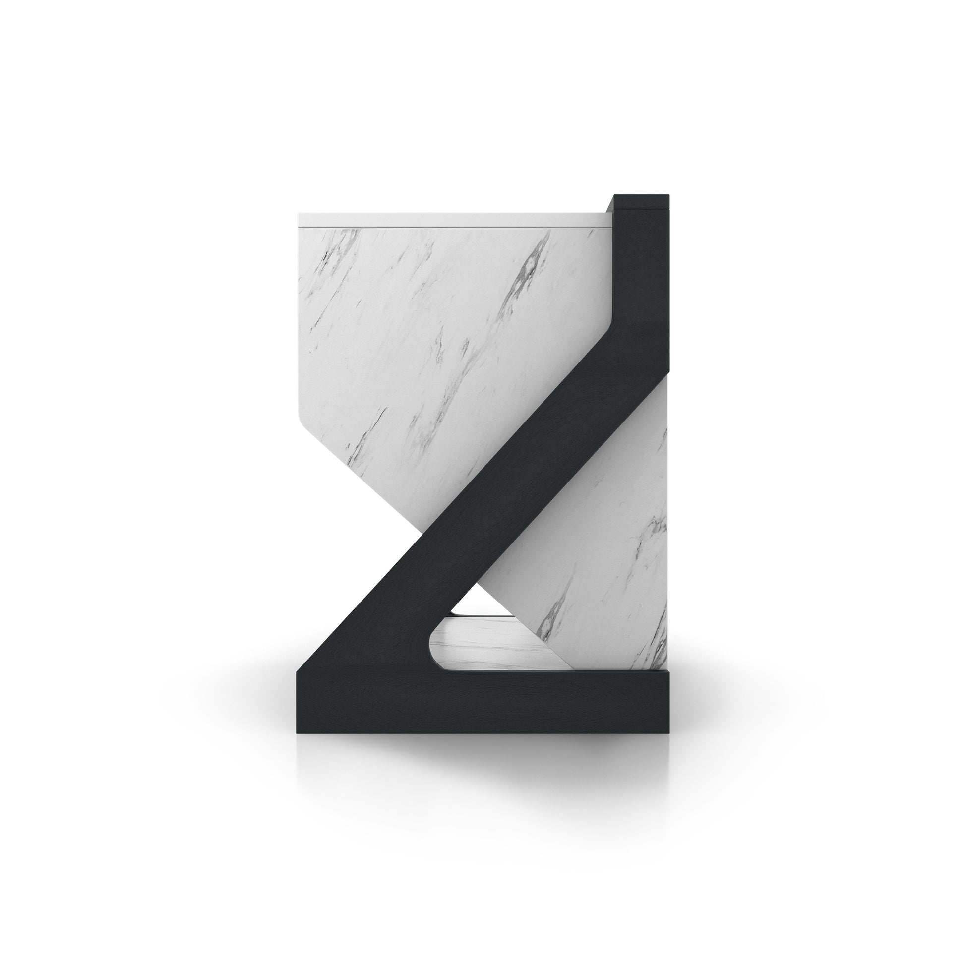 Front-facing side view of a contemporary white faux marble one-drawer nightstand side table on a white background