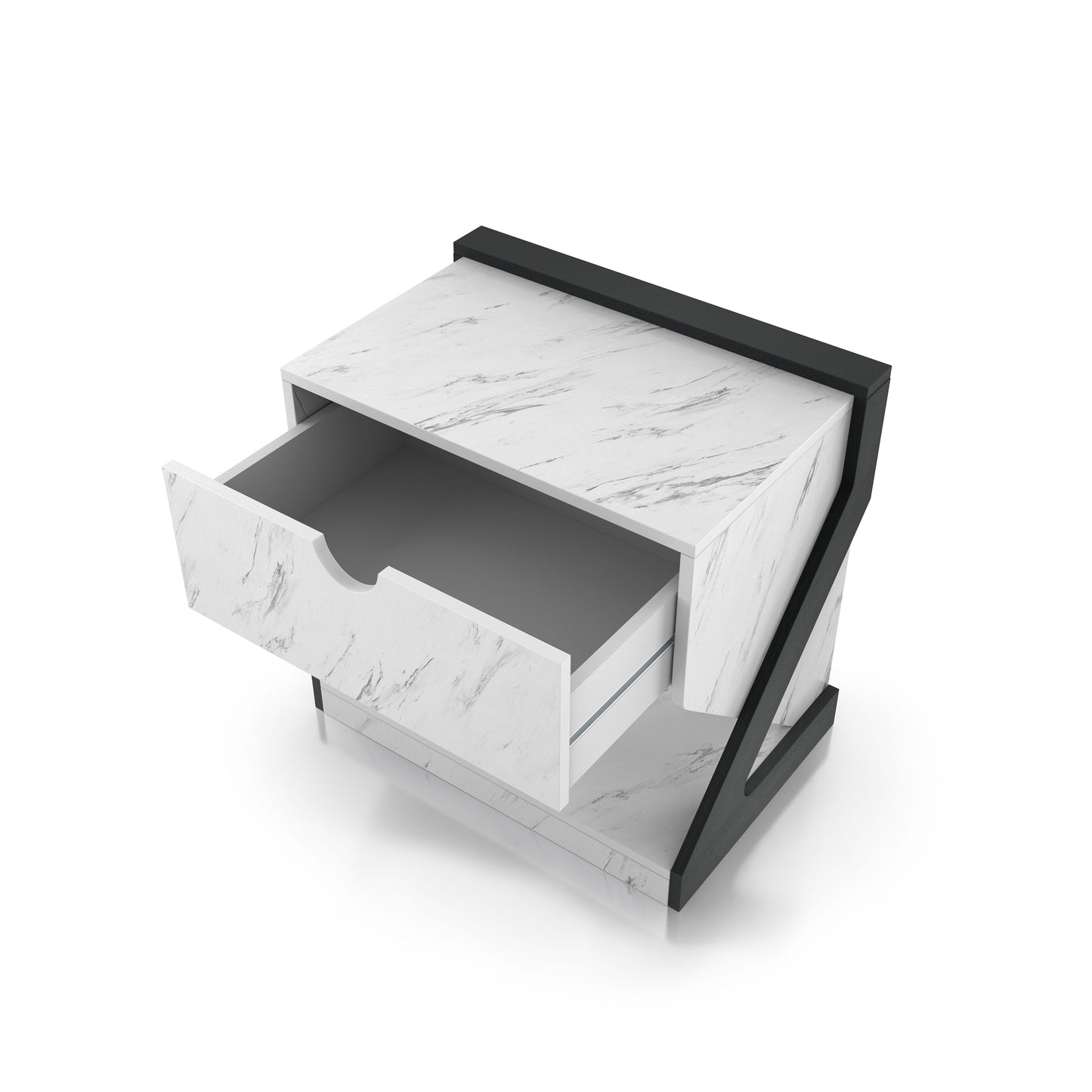 Left angled bird's eye view of a contemporary white faux marble one-drawer nightstand side table with drawer open on a white background