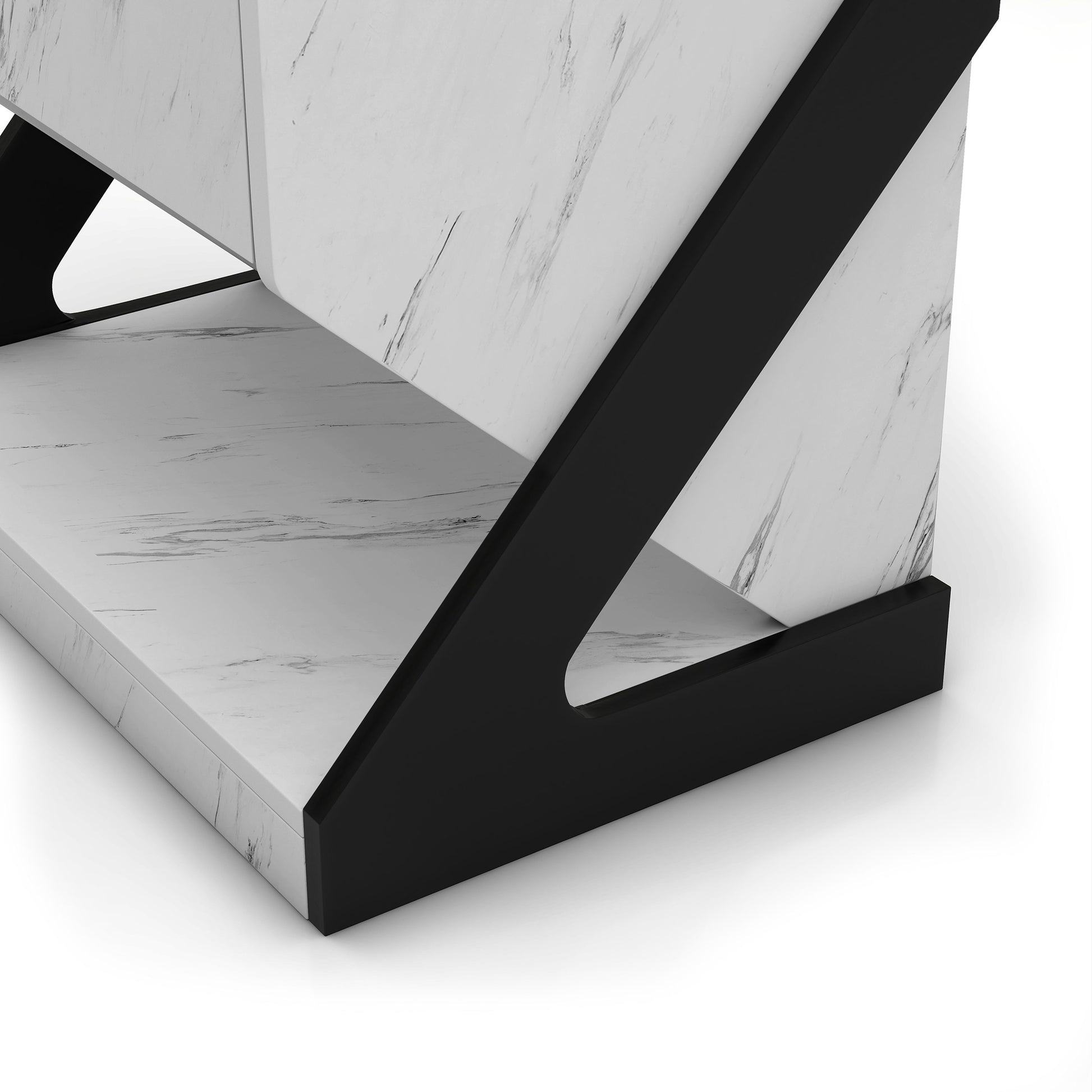 Left angled close-up base view of a contemporary white faux marble one-drawer nightstand side table with drawer open on a white background