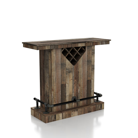 Right angled farmhouse reclaimed barnwood eight-bottle home bar with a footrest on a white background