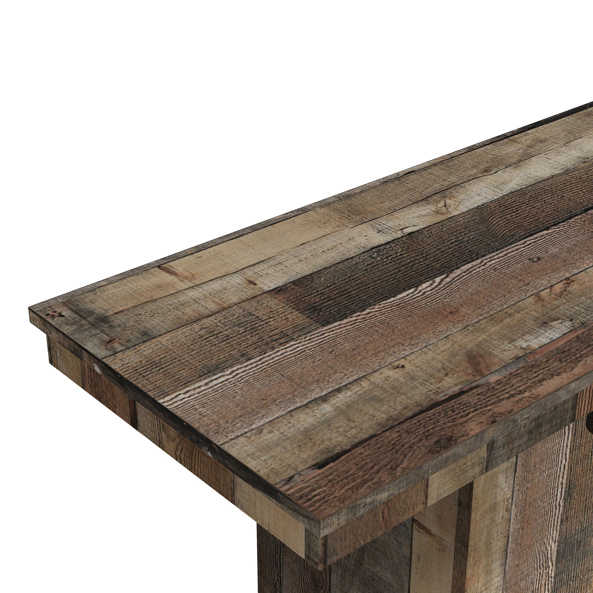 Right angled tabletop close-up view of a farmhouse reclaimed barnwood eight-bottle home bar with a footrest on a white background