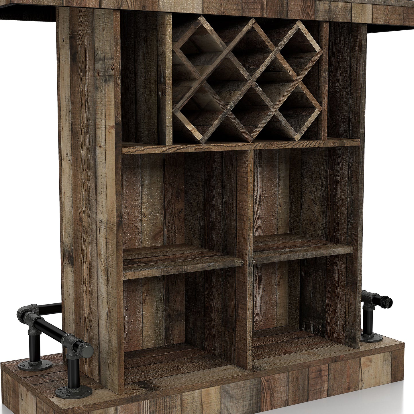 Right angled backside base close-up view of a farmhouse reclaimed barnwood eight-bottle home bar with a footrest on a white background