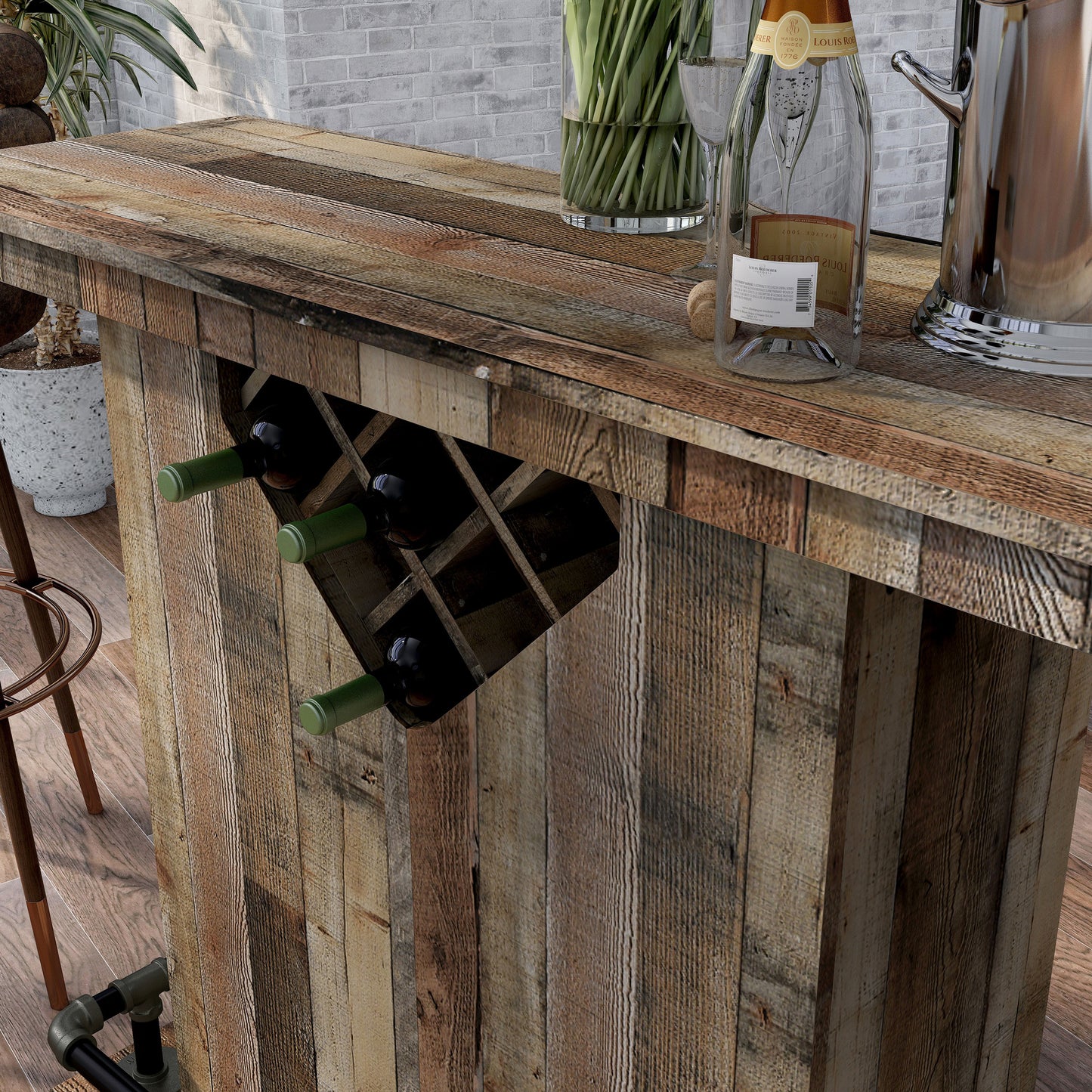 Left angled close-up view of a farmhouse reclaimed barnwood eight-bottle home bar with a footrest in a dining room with accessories