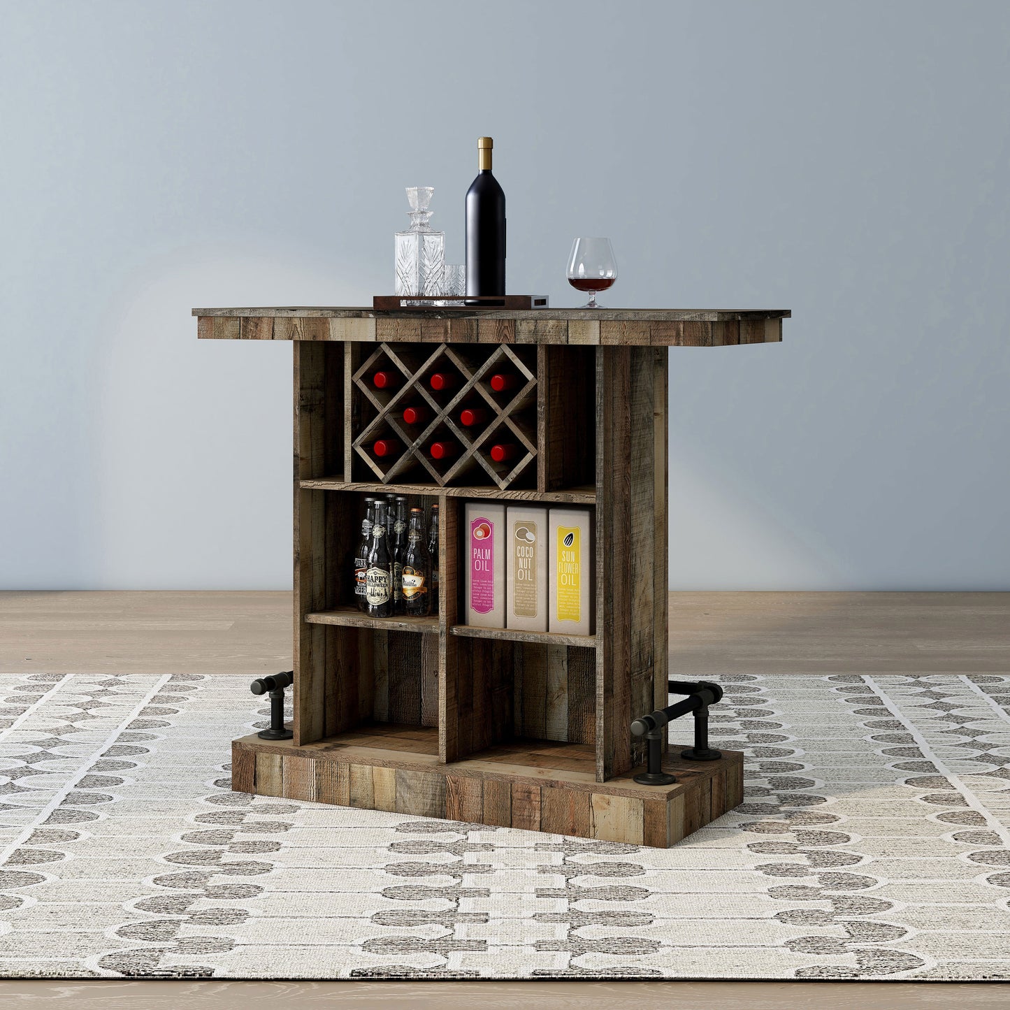 Right angled back view of a farmhouse reclaimed barnwood eight-bottle home bar with a footrest on an area rug