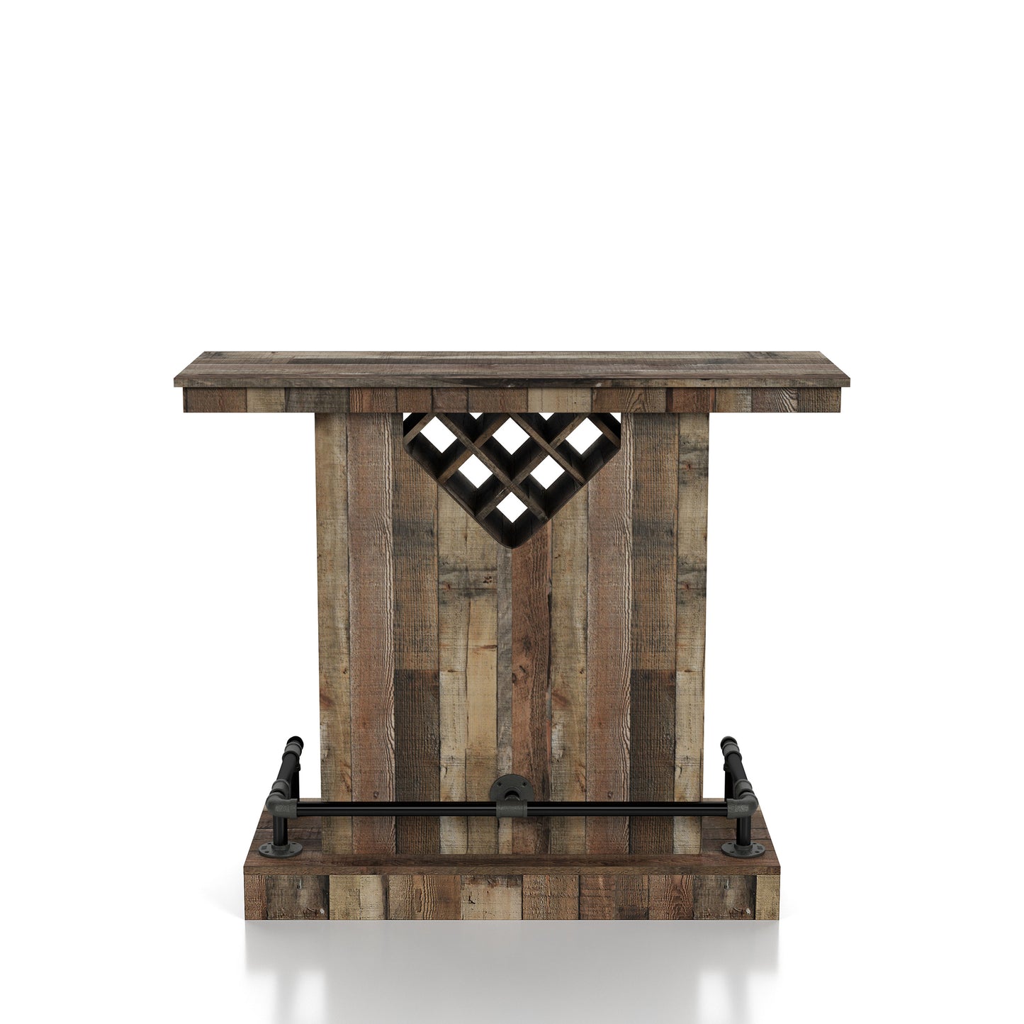 Front-facing farmhouse reclaimed barnwood eight-bottle home bar with a footrest on a white background