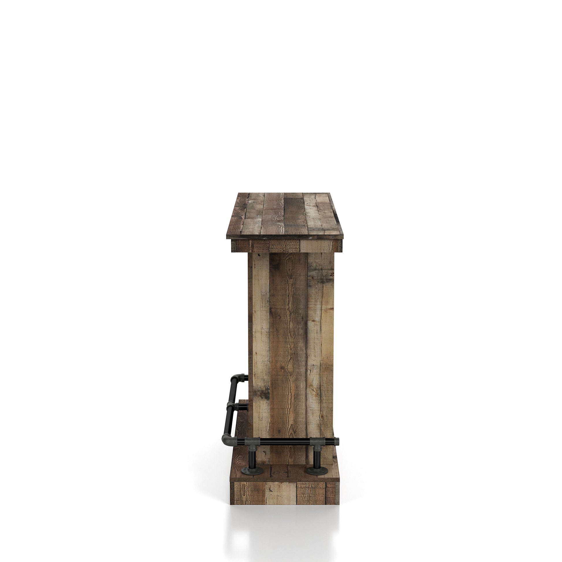 Front-facing side view of a farmhouse reclaimed barnwood eight-bottle home bar with a footrest on a white background