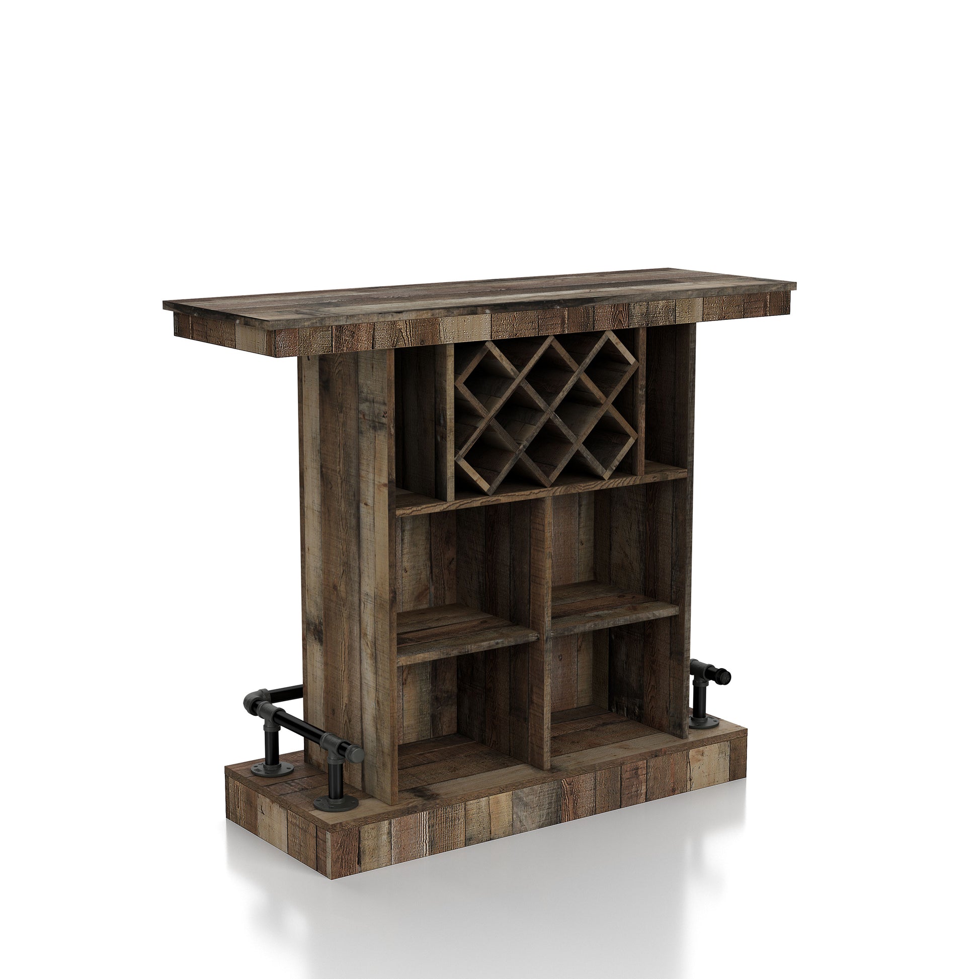 Left angled back view of a farmhouse reclaimed barnwood eight-bottle home bar with a footrest on a white background