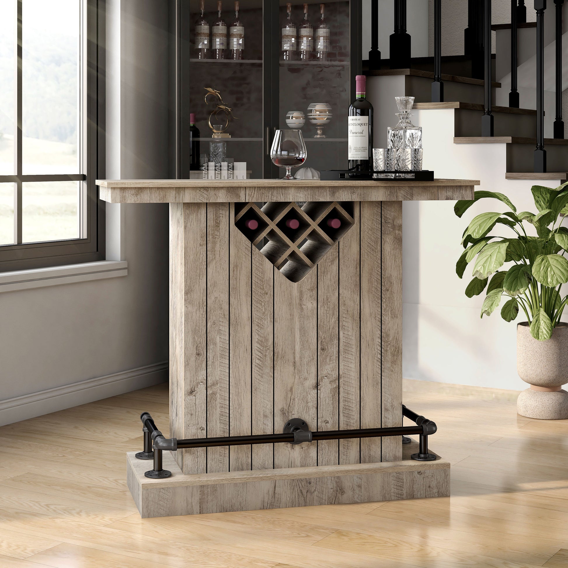 Right angled farmhouse weathered oak eight-bottle home bar with a footrest in a dining room with accessories