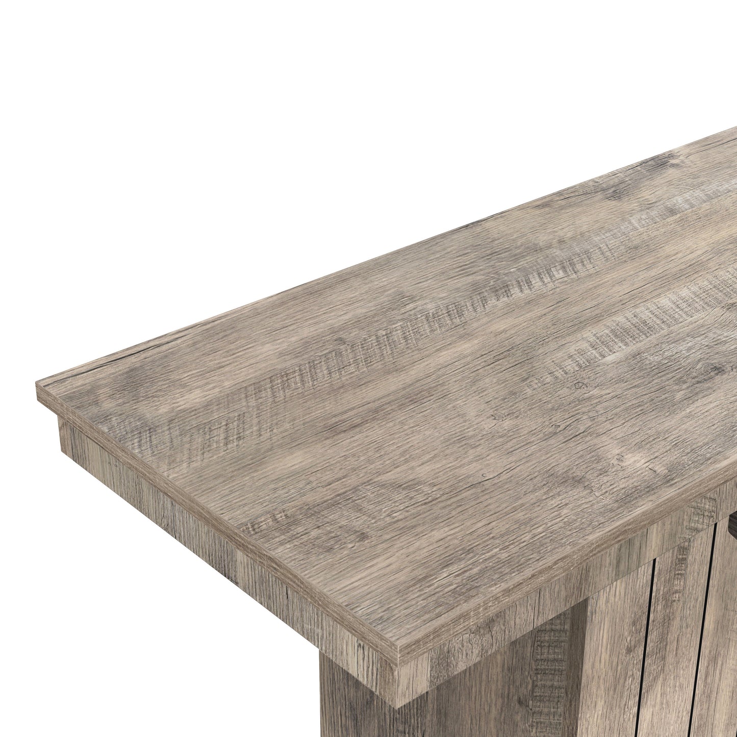 Right angled tabletop close-up view of a farmhouse weathered oak eight-bottle home bar with a footrest on a white background