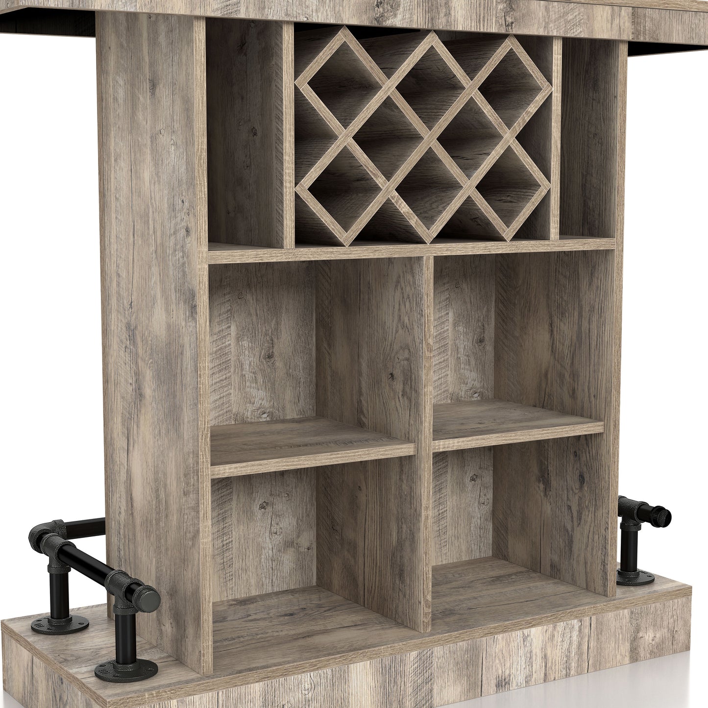 Right angled backside base close-up view of a farmhouse weathered oak eight-bottle home bar with a footrest on a white background