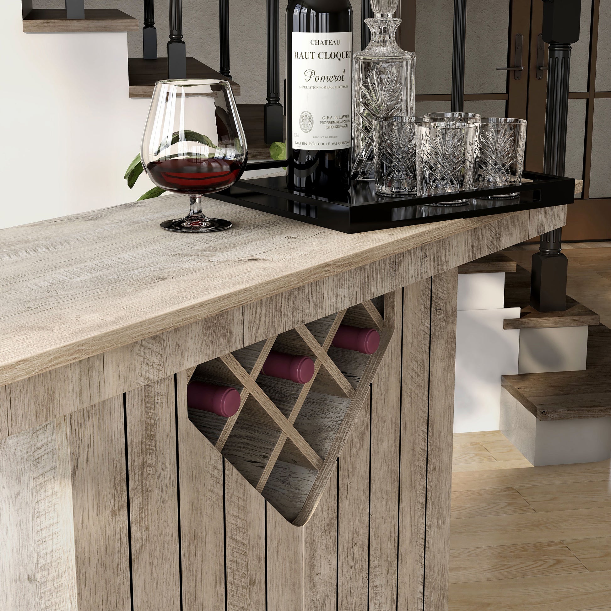Right angled wine rack close-up view of a farmhouse weathered oak eight-bottle home bar with a footrest in a dining room with accessories