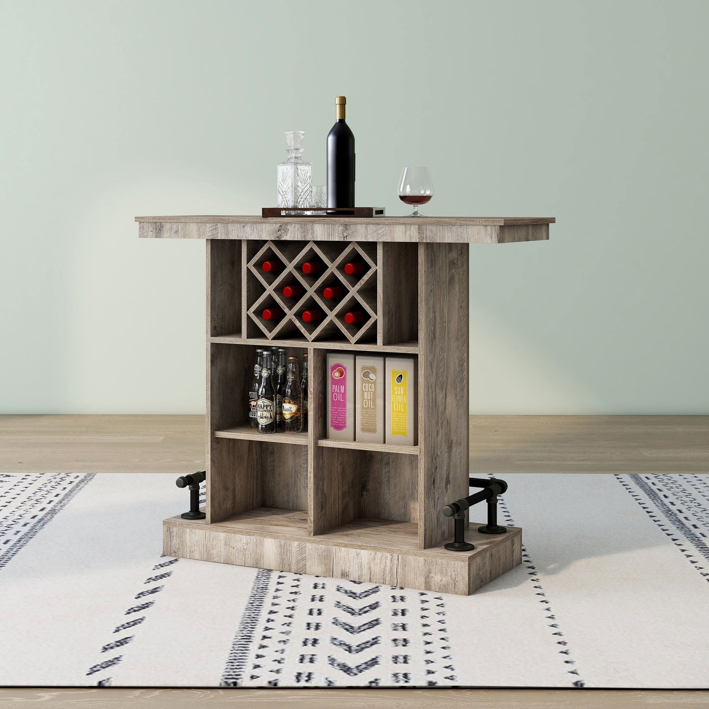 Right angled back view of a farmhouse weathered oak eight-bottle home bar with a footrest on an area rug