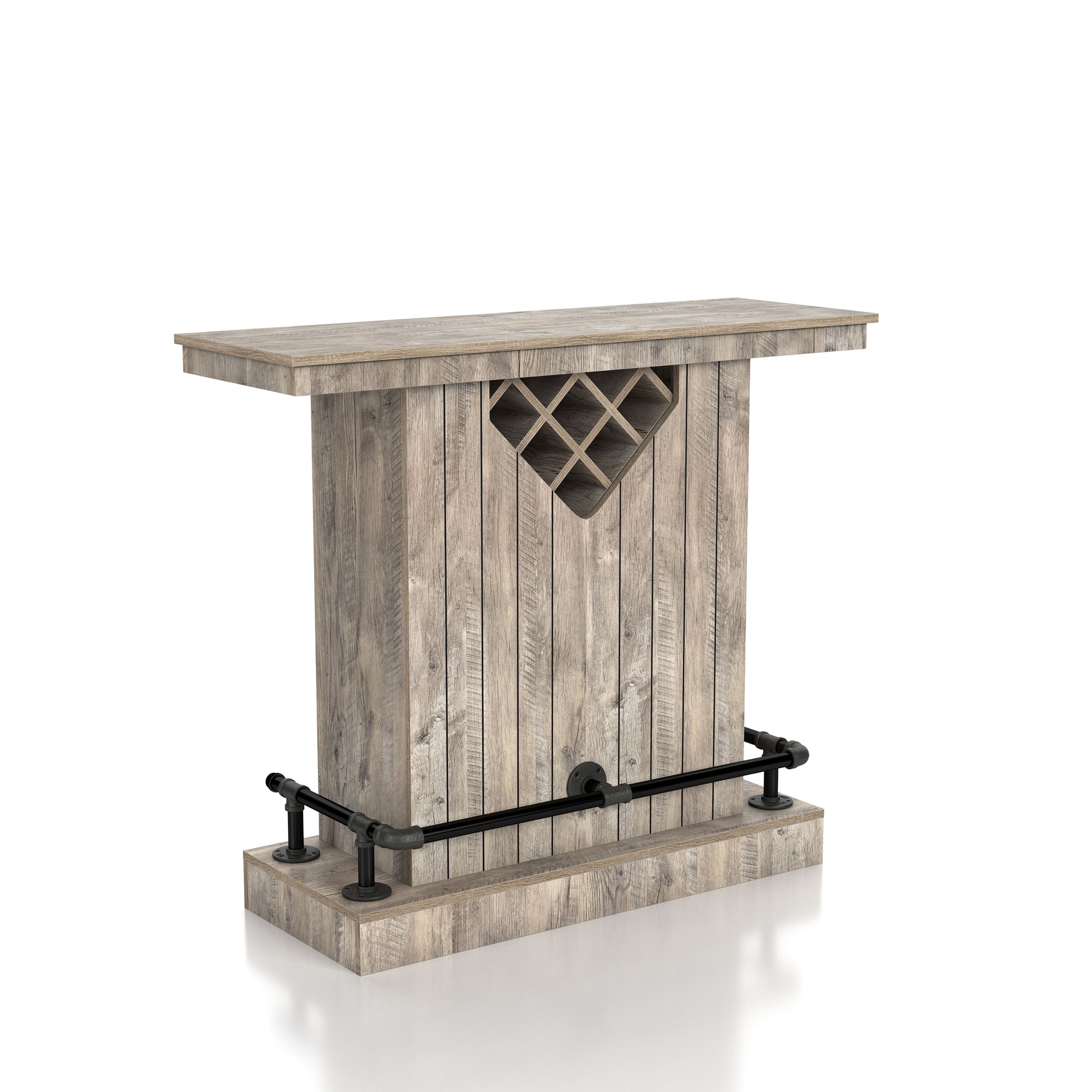 Right angled farmhouse weathered oak eight-bottle home bar with a footrest on a white background