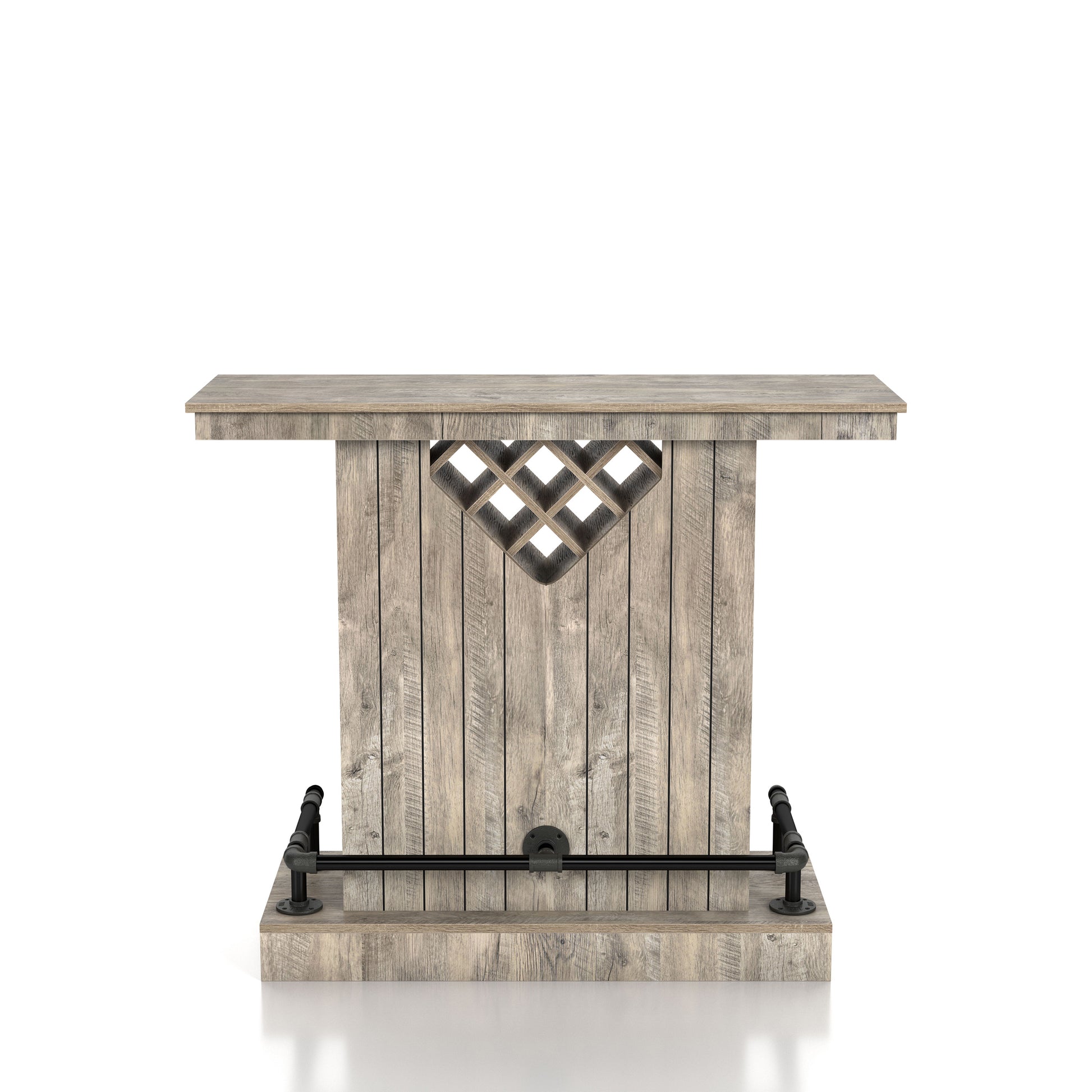 Front-facing farmhouse weathered oak eight-bottle home bar with a footrest on a white background