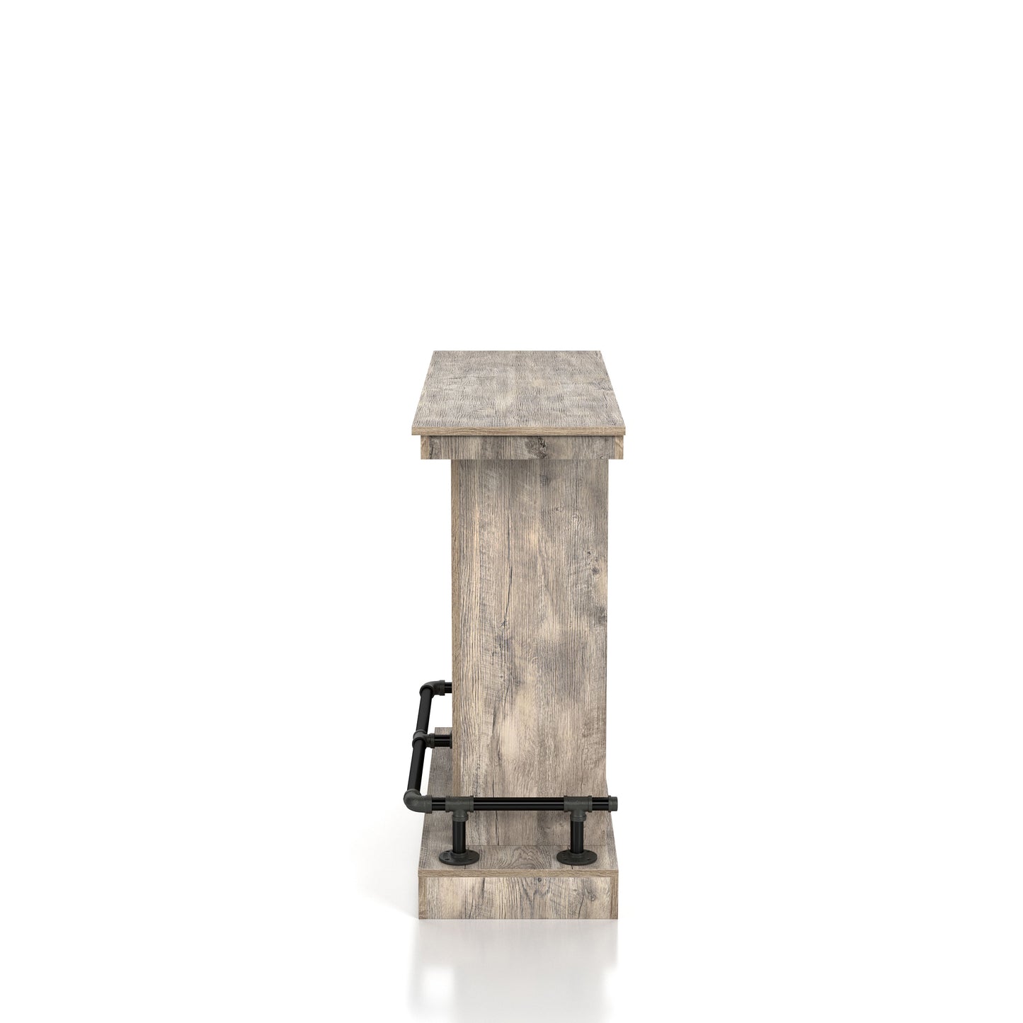 Front-facing side view of a farmhouse weathered oak eight-bottle home bar with a footrest on a white background