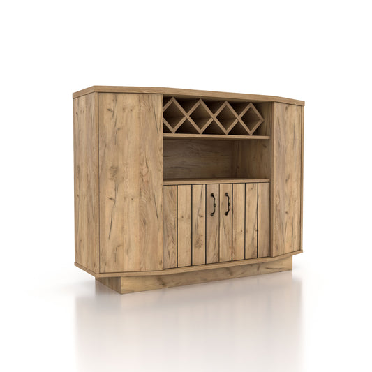 Right angled farmhouse light oak four-shelf lattice wine cabinet with bottle storage on a white background