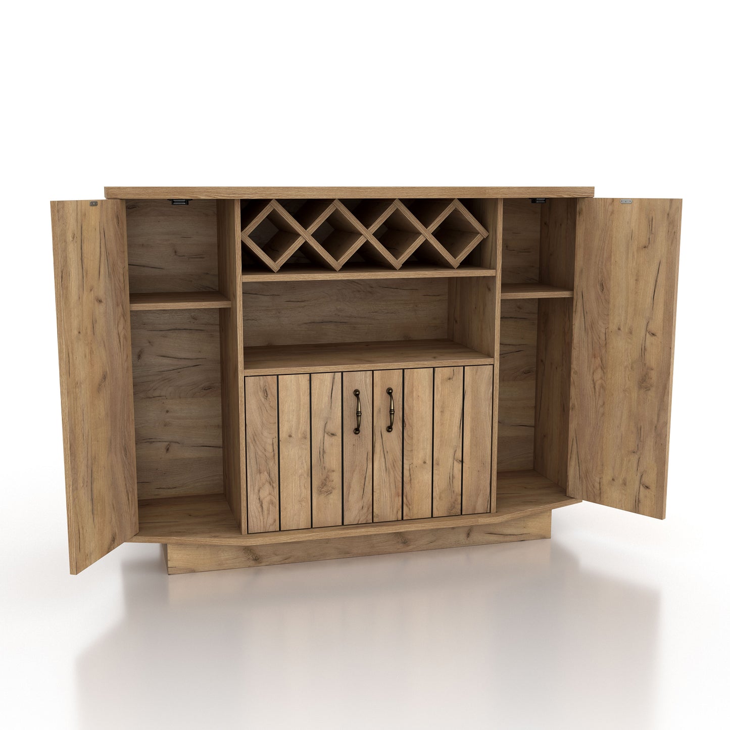 Right angled farmhouse light oak four-shelf lattice wine cabinet with bottle storage and outer doors open on a white background