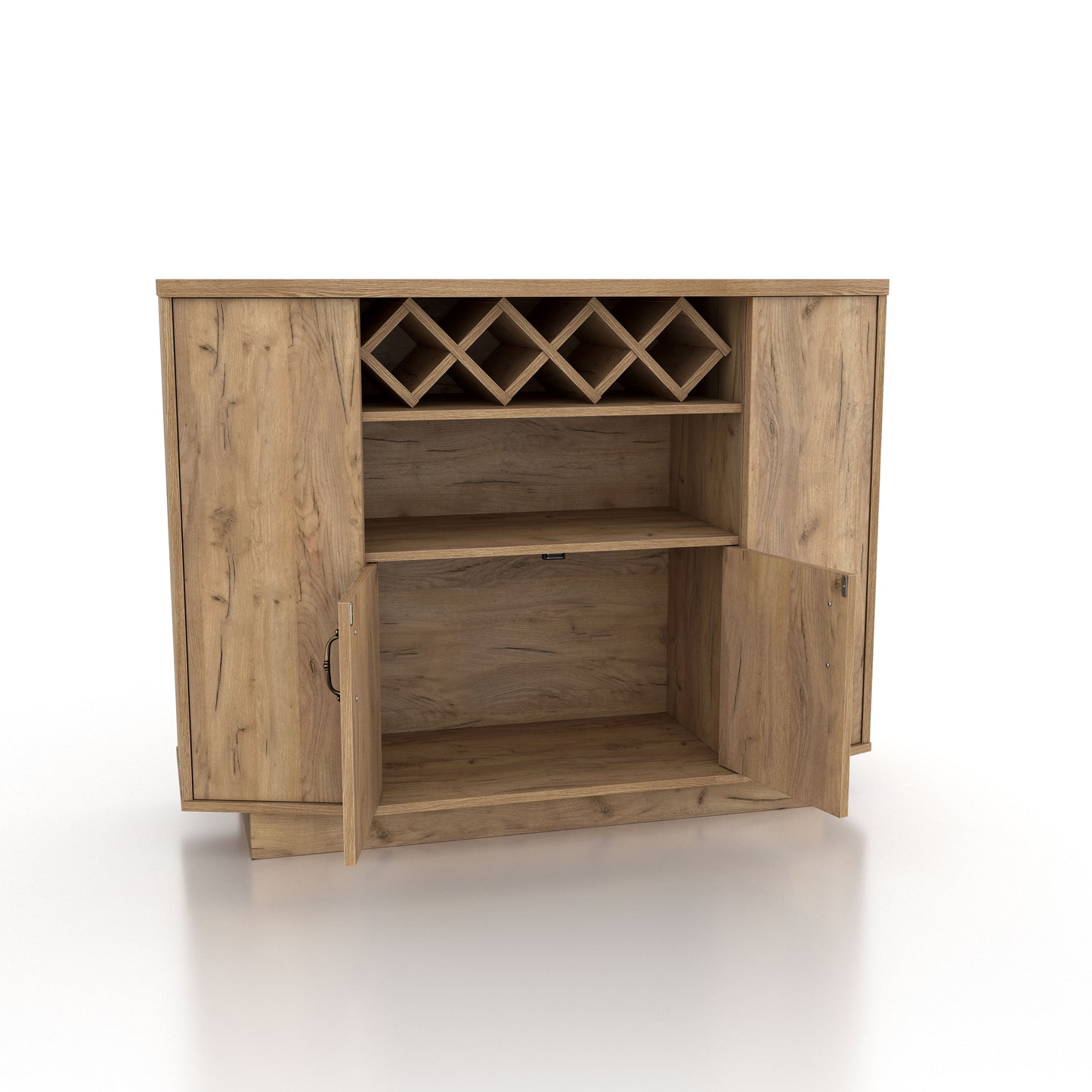 Right angled farmhouse light oak four-shelf lattice wine cabinet with bottle storage and center doors open on a white background