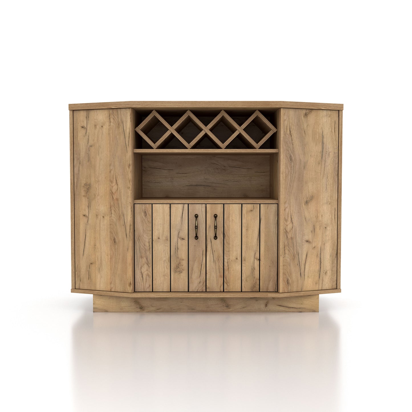 Front-facing farmhouse light oak four-shelf lattice wine cabinet with bottle storage on a white background