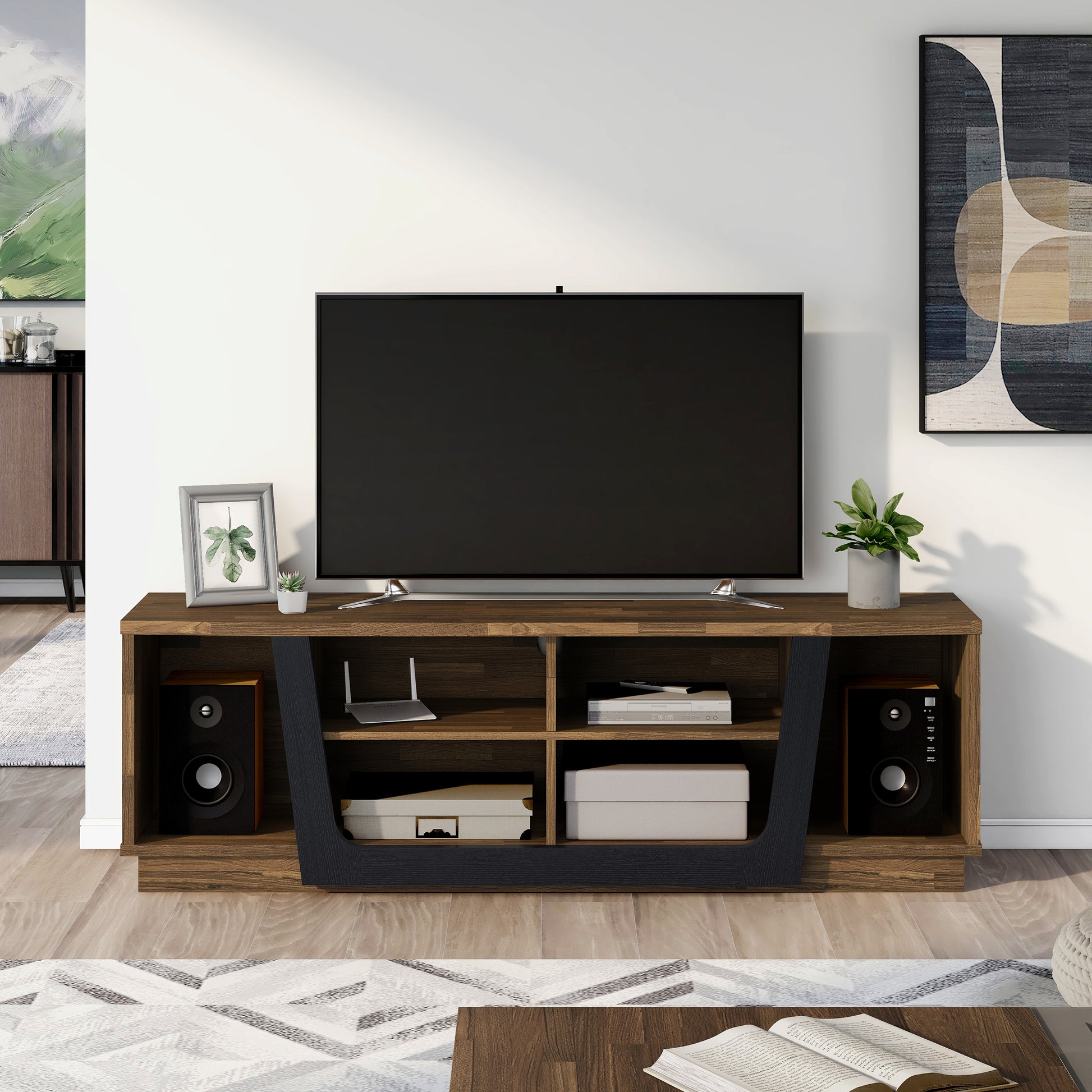 Front-facing contemporary light hickory and black six-shelf TV stand in a living room with accessories